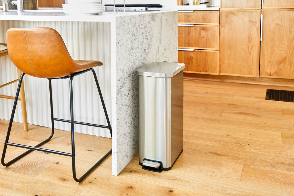  Kitchen Trash Can, 7.9 Gallon Stainless Steel Slim Step Garbage Bin with Soft Close Lid, Silver
