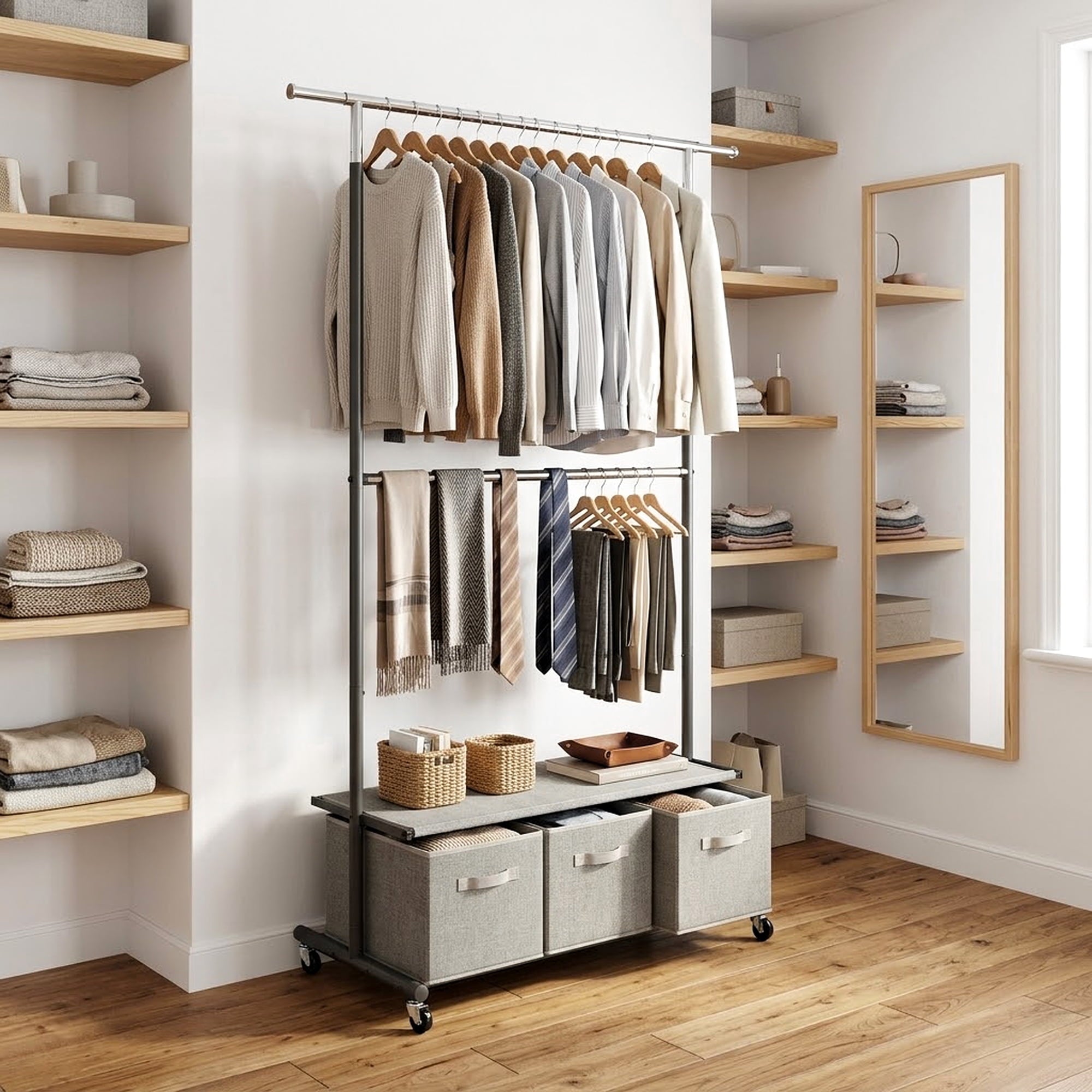  2-Tier Metal Rolling Garment Rack with 3 Drawer Closet Organizer, Gray