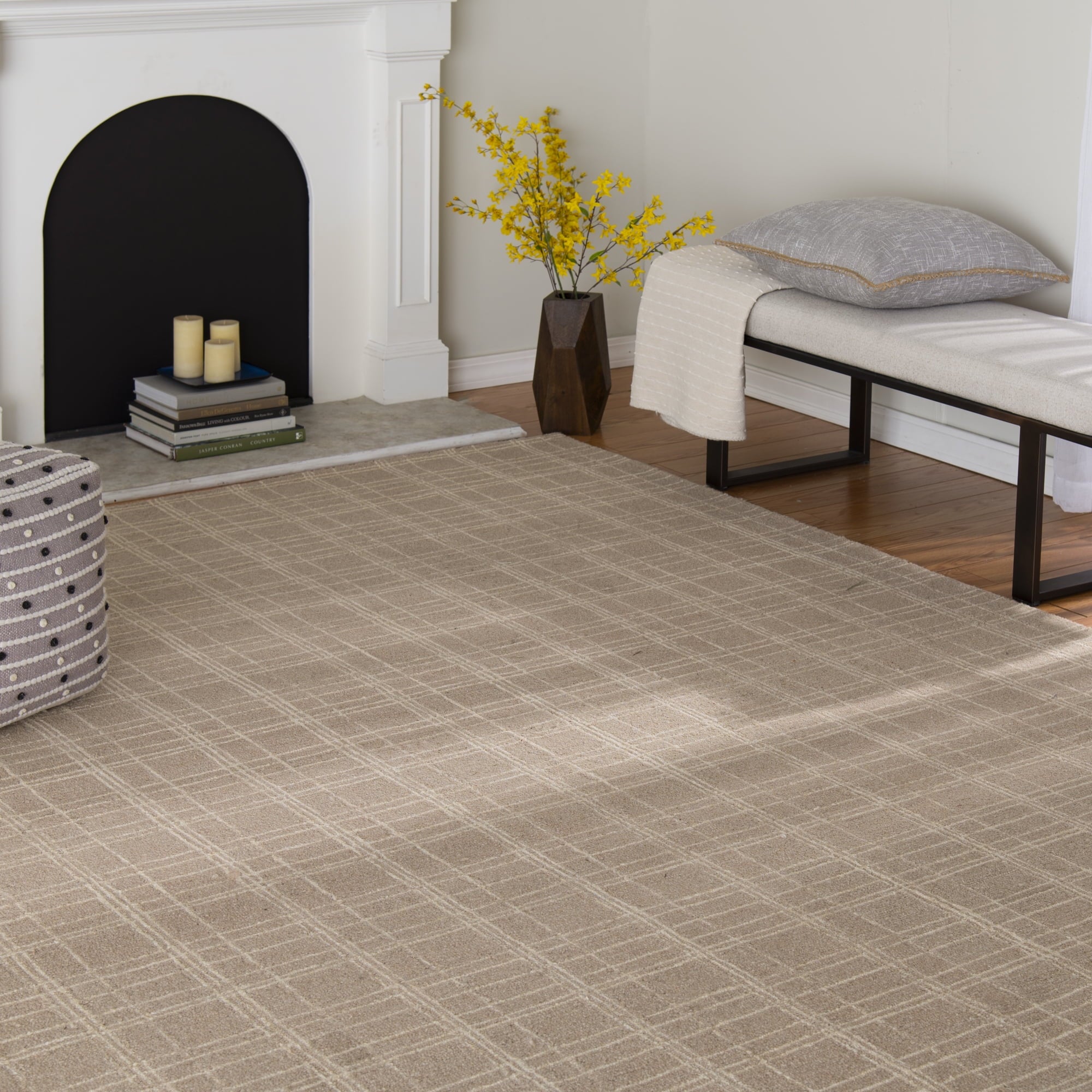  Beige Plaid Wool Indoor Area Rug, 7'10"x9'10"