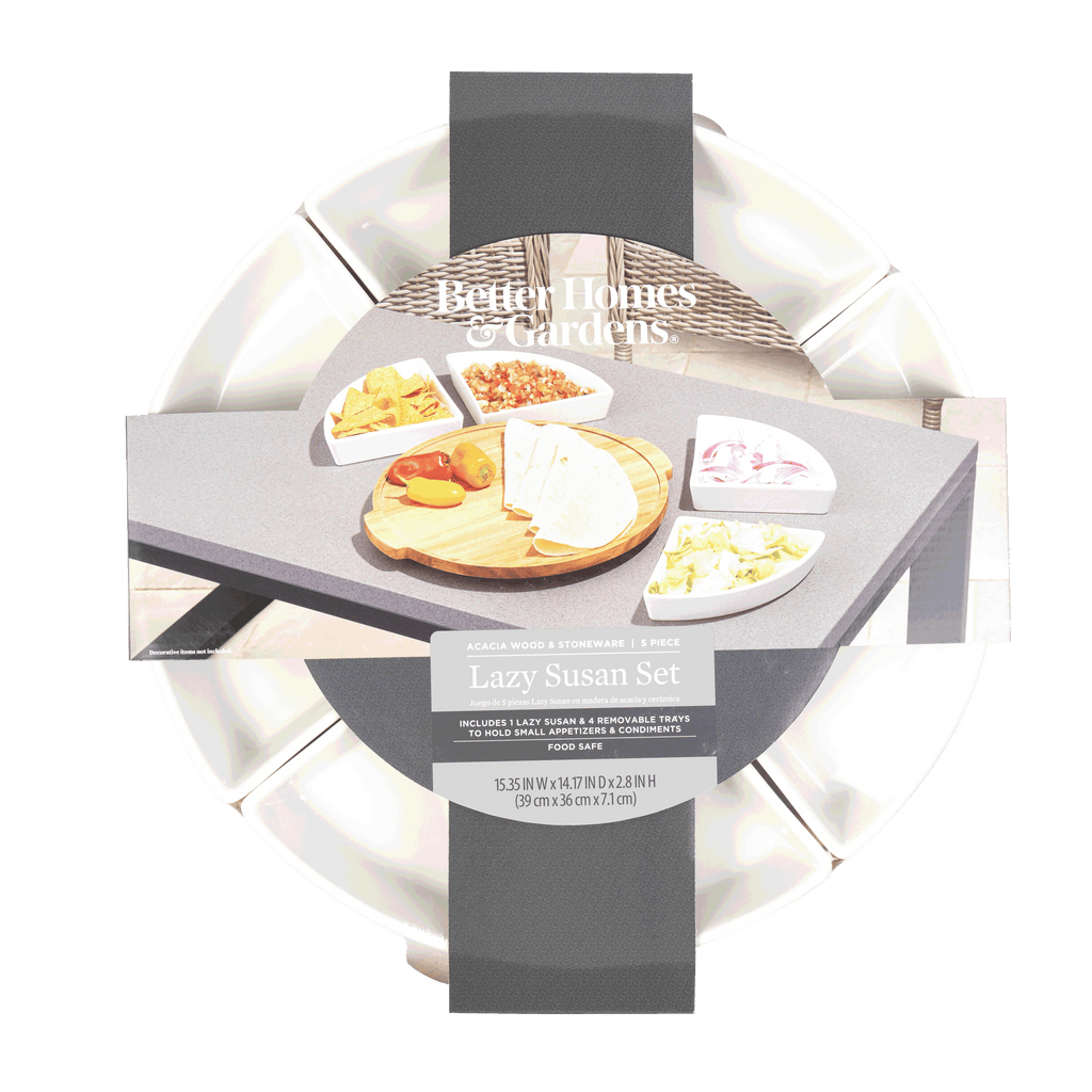  Acacia and Stoneware 5pc Lazy Susan Set, 15.35INW x 14.17IND x 2.8INH