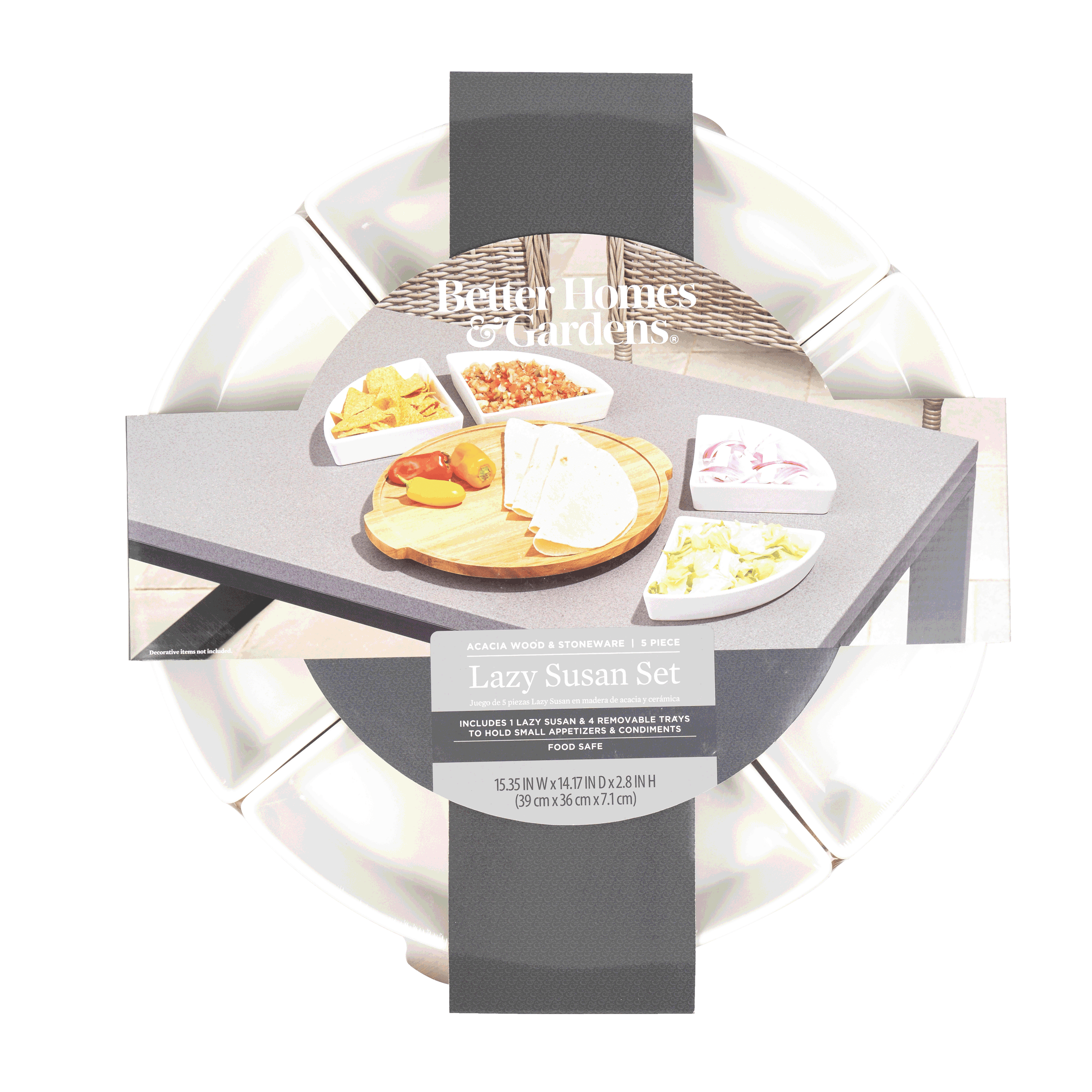  Acacia and Stoneware 5pc Lazy Susan Set, 15.35INW x 14.17IND x 2.8INH