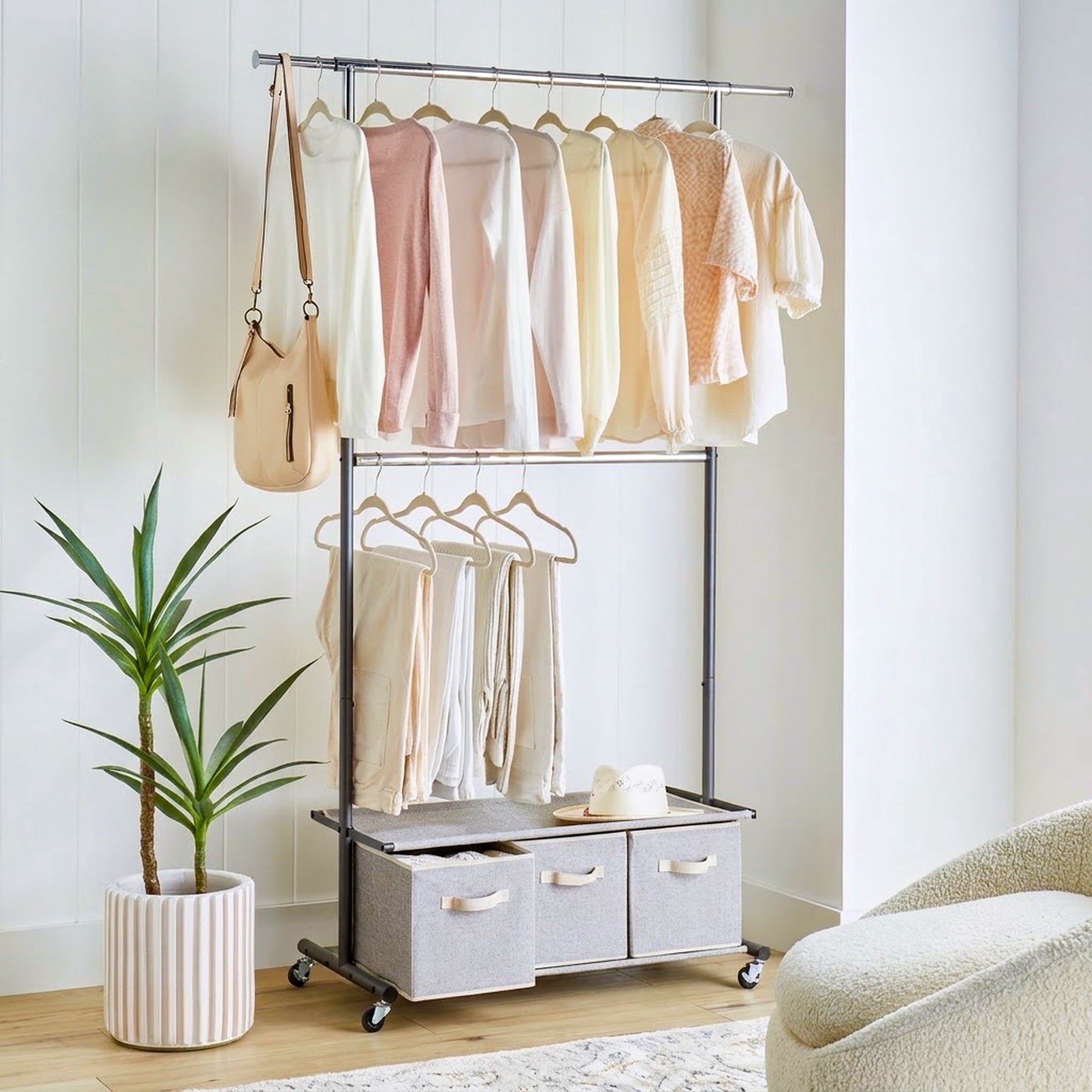  2-Tier Metal Rolling Garment Rack with 3 Drawer Closet Organizer, Gray