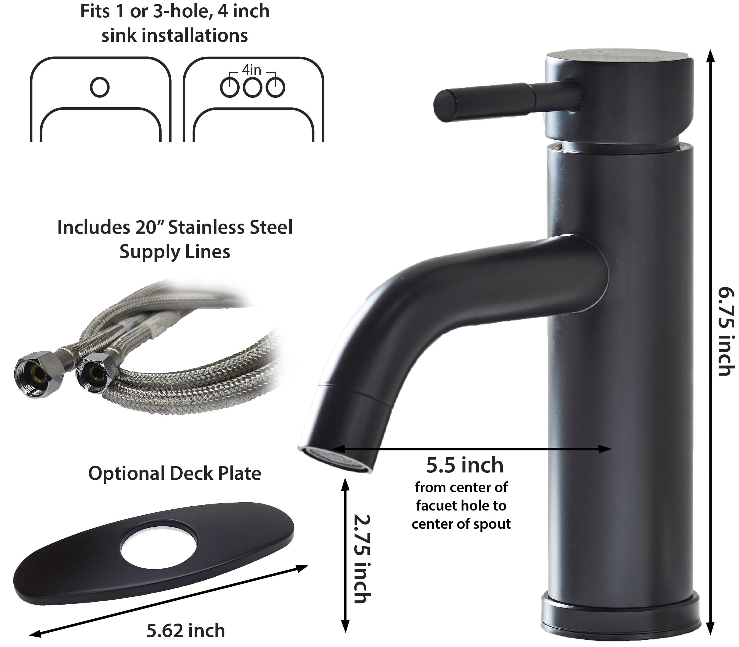  Elmont Single Handle Bathroom Sink Faucet, Matte Black, Includes Push Pop-Up Drain