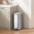  Kitchen Trash Can, 7.9 Gallon Stainless Steel Slim Step Garbage Bin with Soft Close Lid, Silver