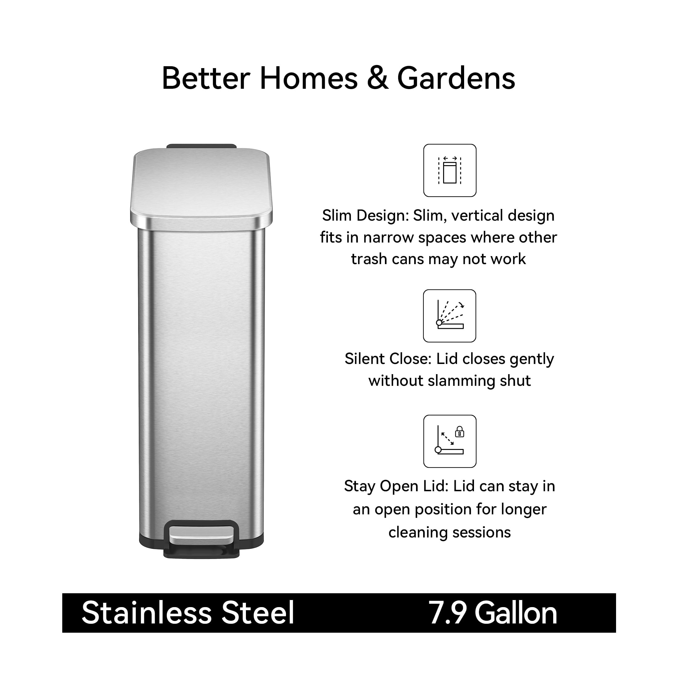  Kitchen Trash Can, 7.9 Gallon Stainless Steel Slim Step Garbage Bin with Soft Close Lid, Silver