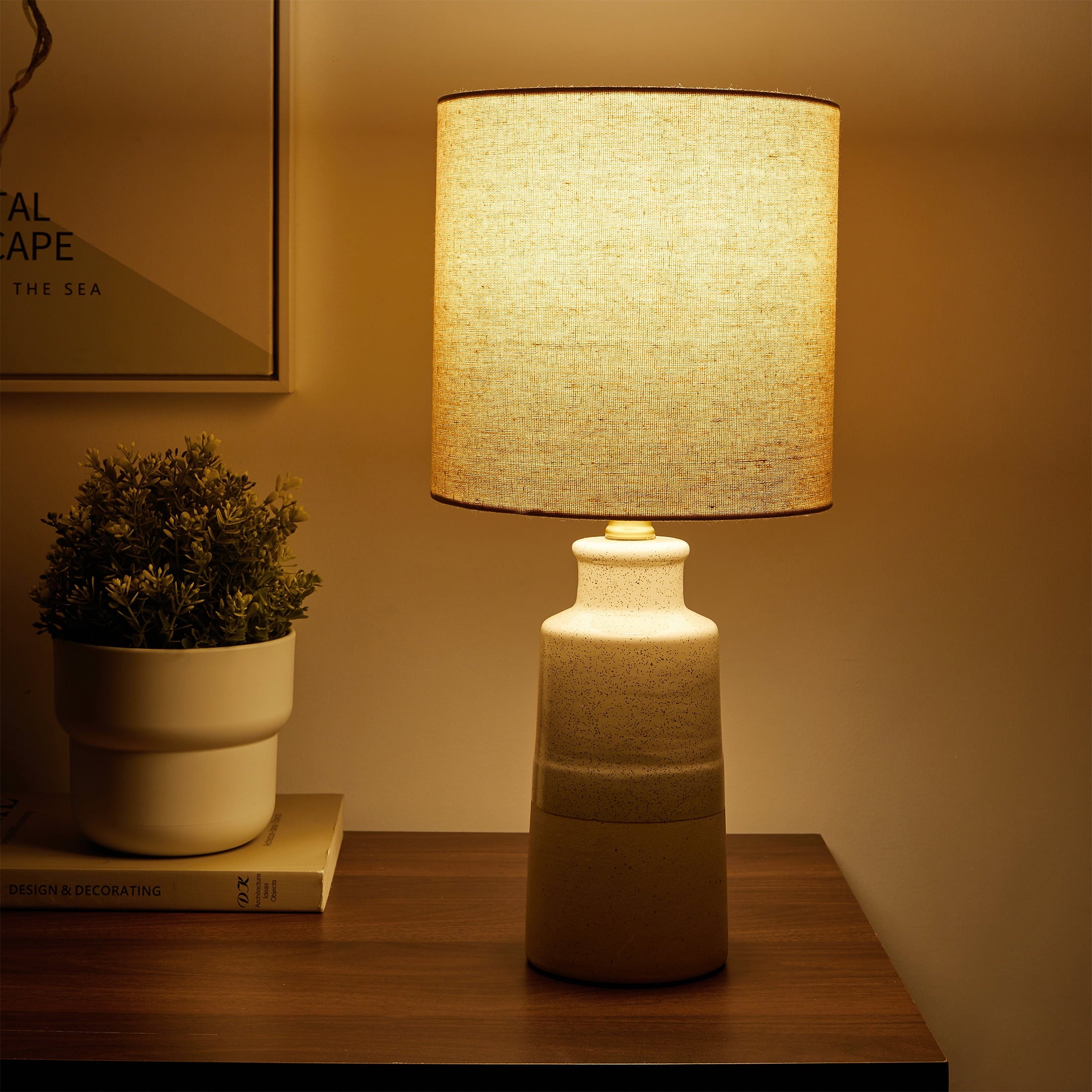 17" Reactive Glaze Ceramic Table Lamp with Off-White Shade