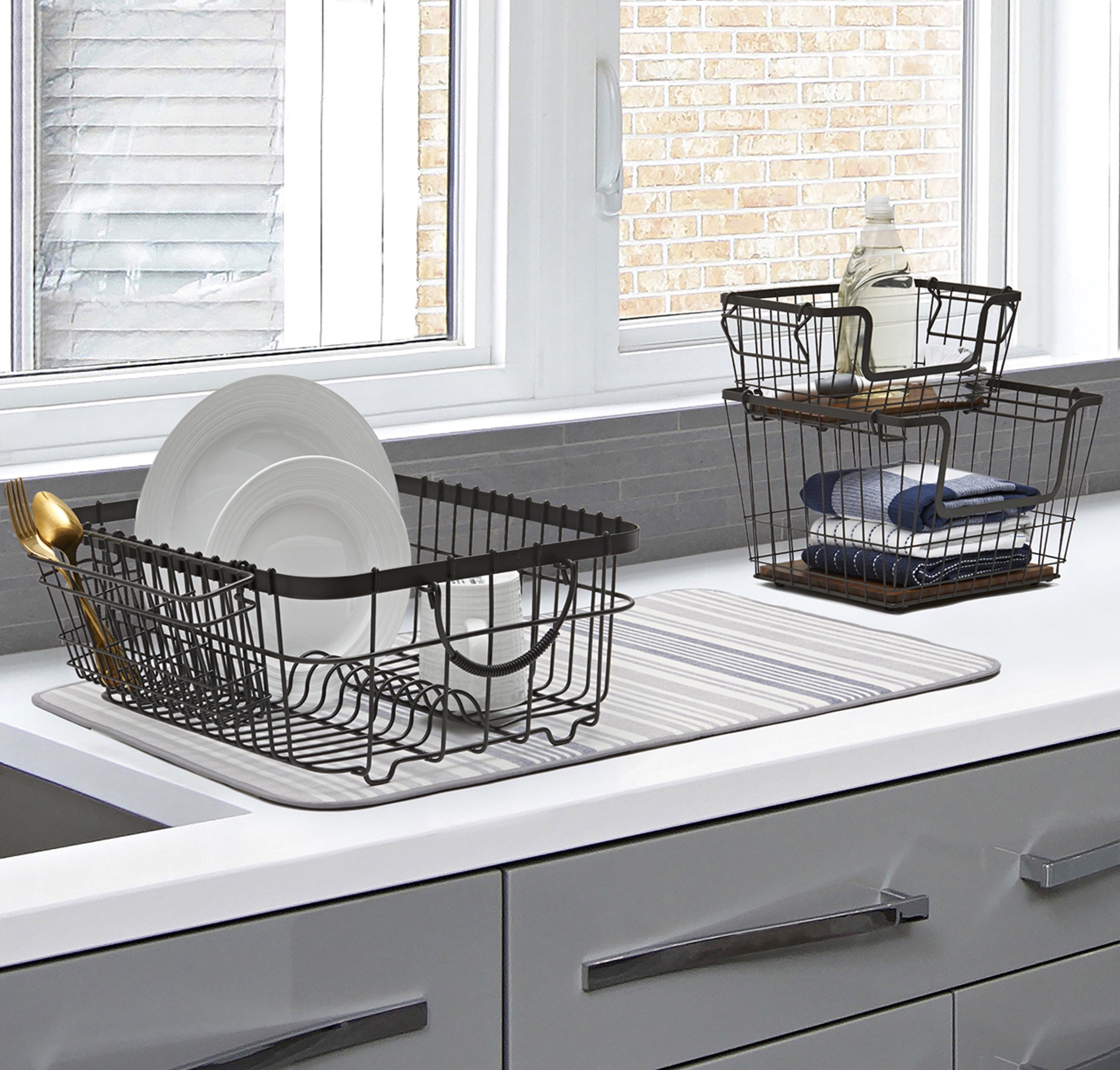  Metal Dish Rack with Caddy, Antique Gray, Best Used for Dish Drying and Sink Organization