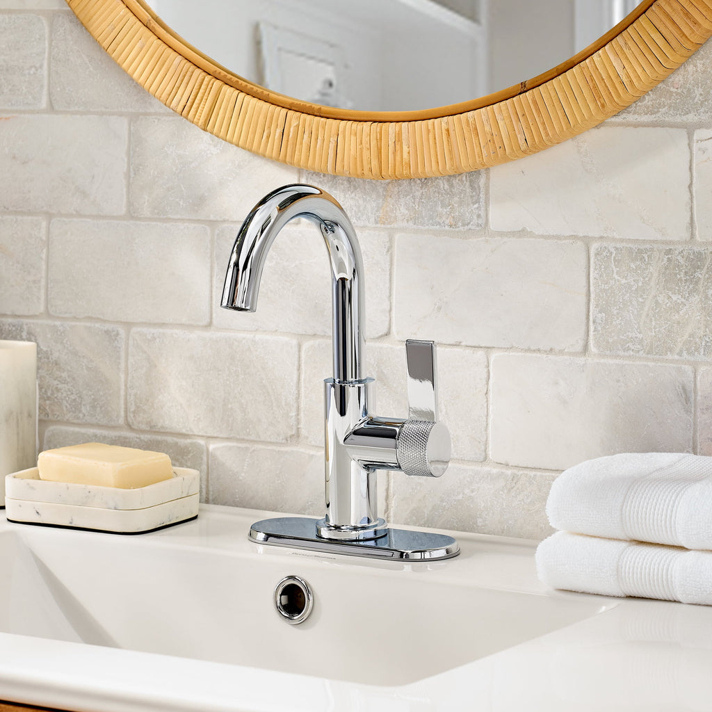  Chrome Single Handle High-Arc Bathroom Faucet with Knurled Handle