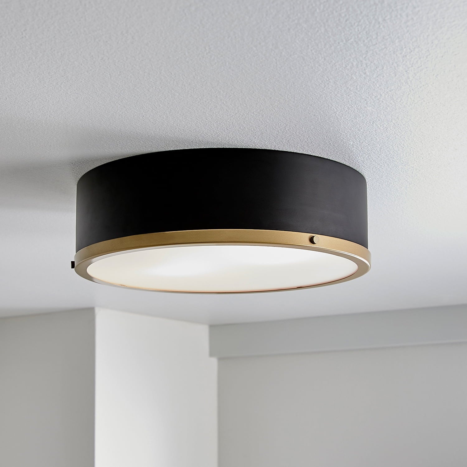  Irving Park 2-Light Flush Mount, Matte Black Finish, Burnished Brass Accents, Frosted Glass Shade, LED Bulbs Included