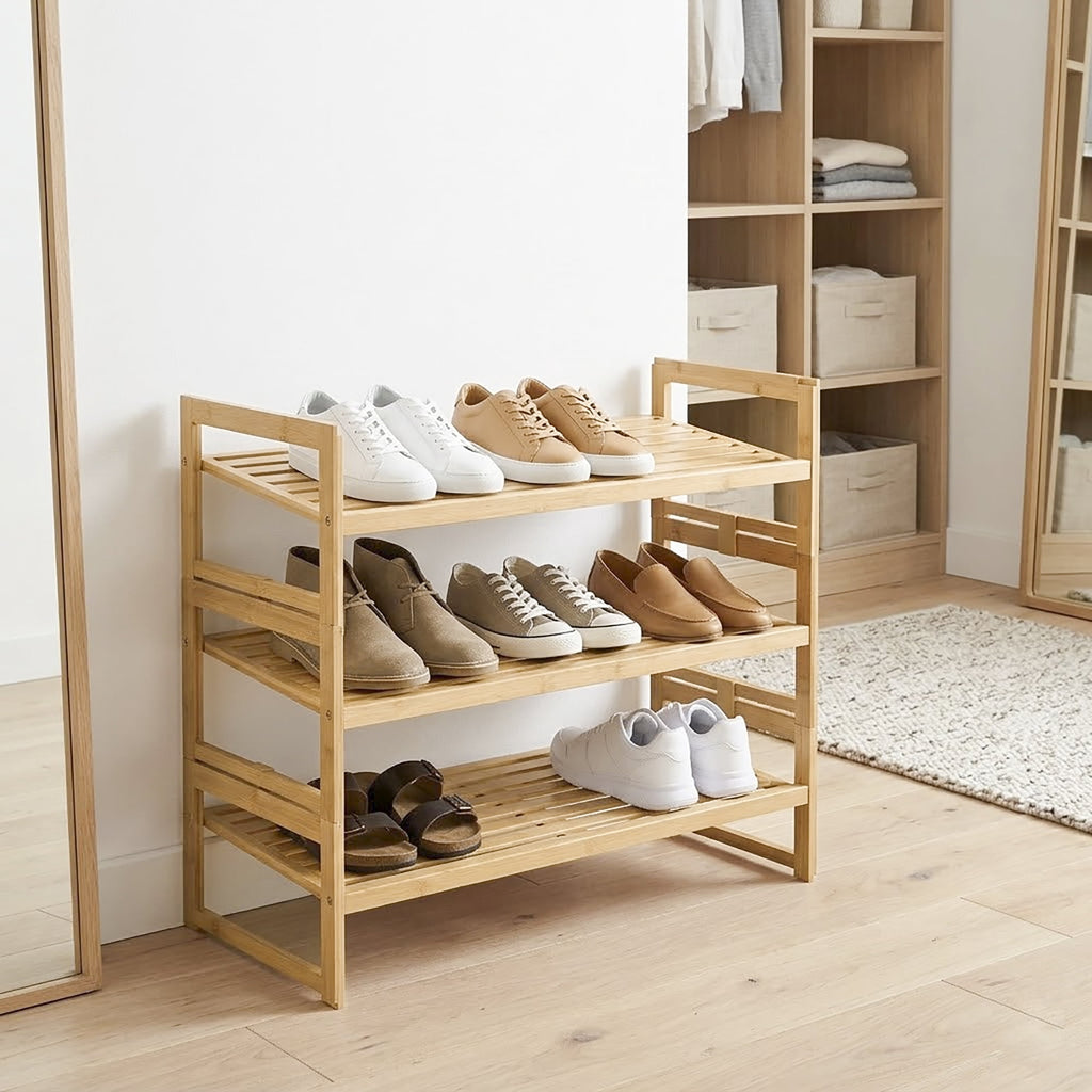  Bamboo 3-Tier Shoe Rack, Holds 9 Pairs