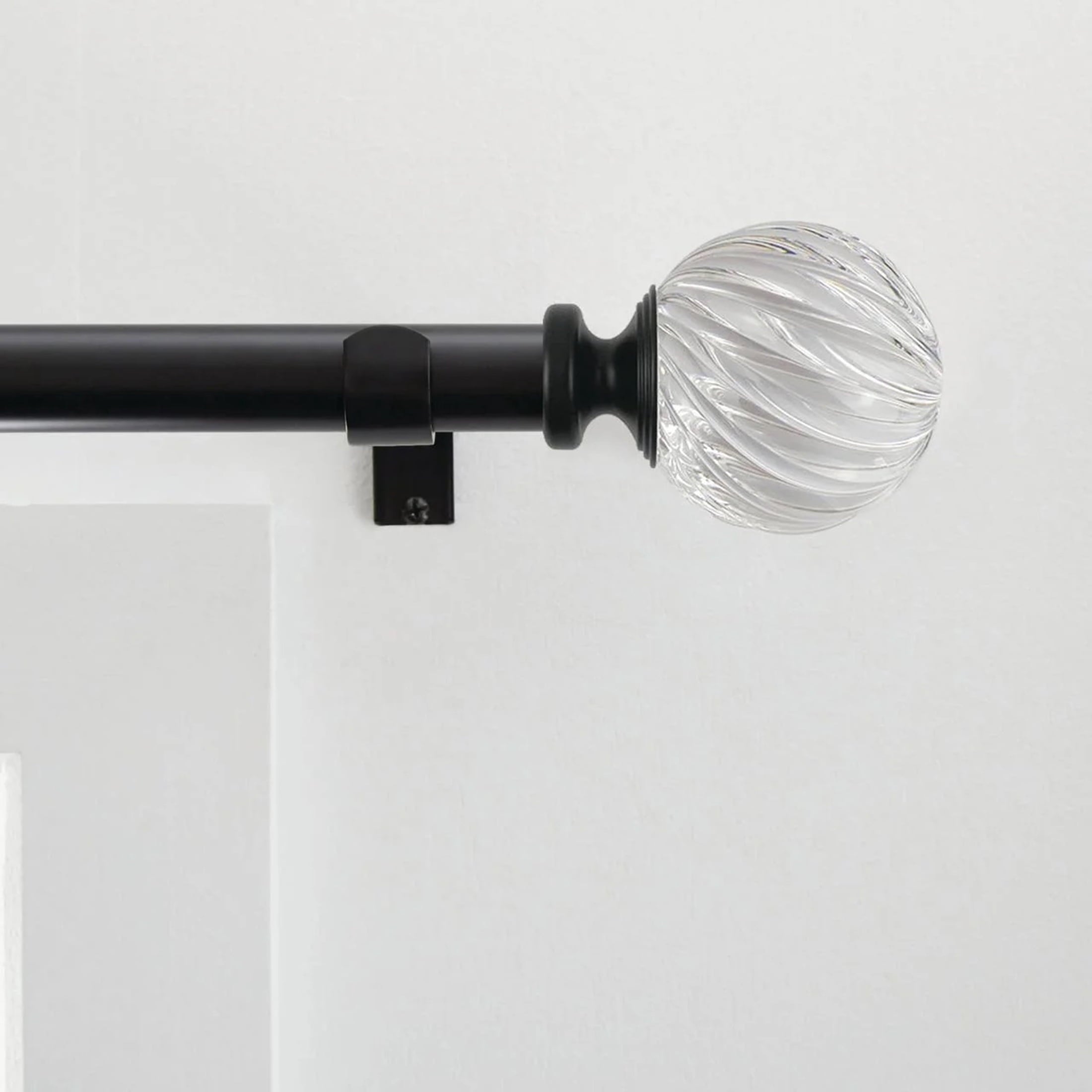  1" Matte Black and Clear Twisted Sphere Adjustable Single Curtain Rod, 32-120"