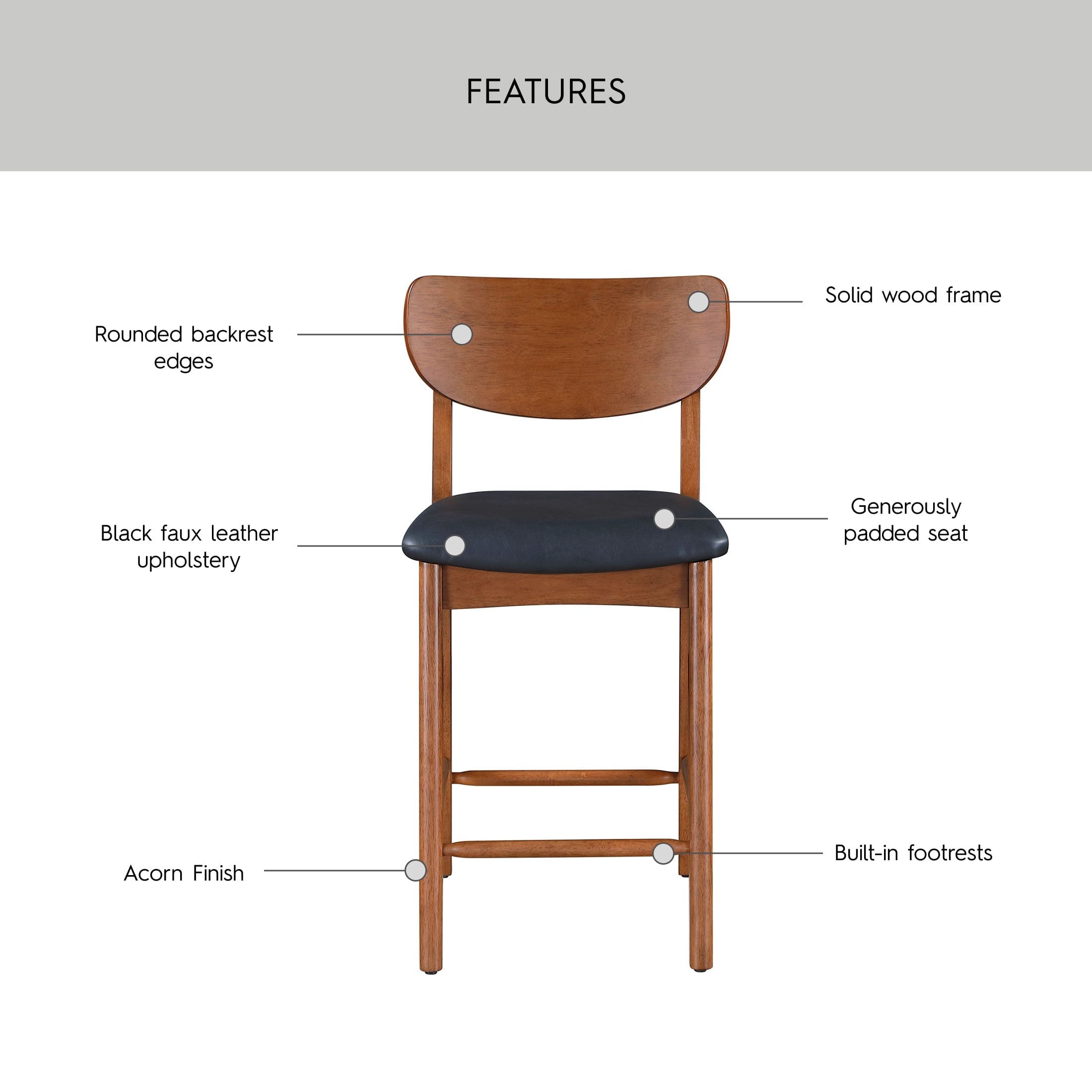  Greyson Counter Height Stools, Black Faux Leather Seat, Set of 2