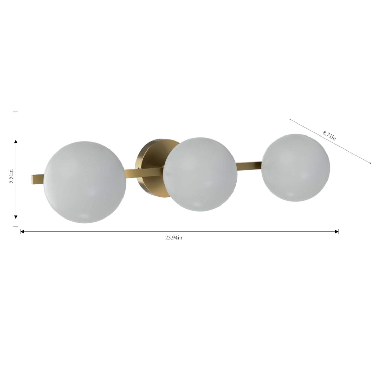  Modern Vanity Light, Brass Finish, Frosted Glass Shades, T6 LED Bulbs