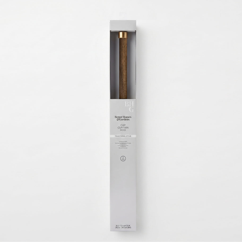  1� Walnut Wood and Brass Endcap Adjustable Single Curtain Rod, 32-120�