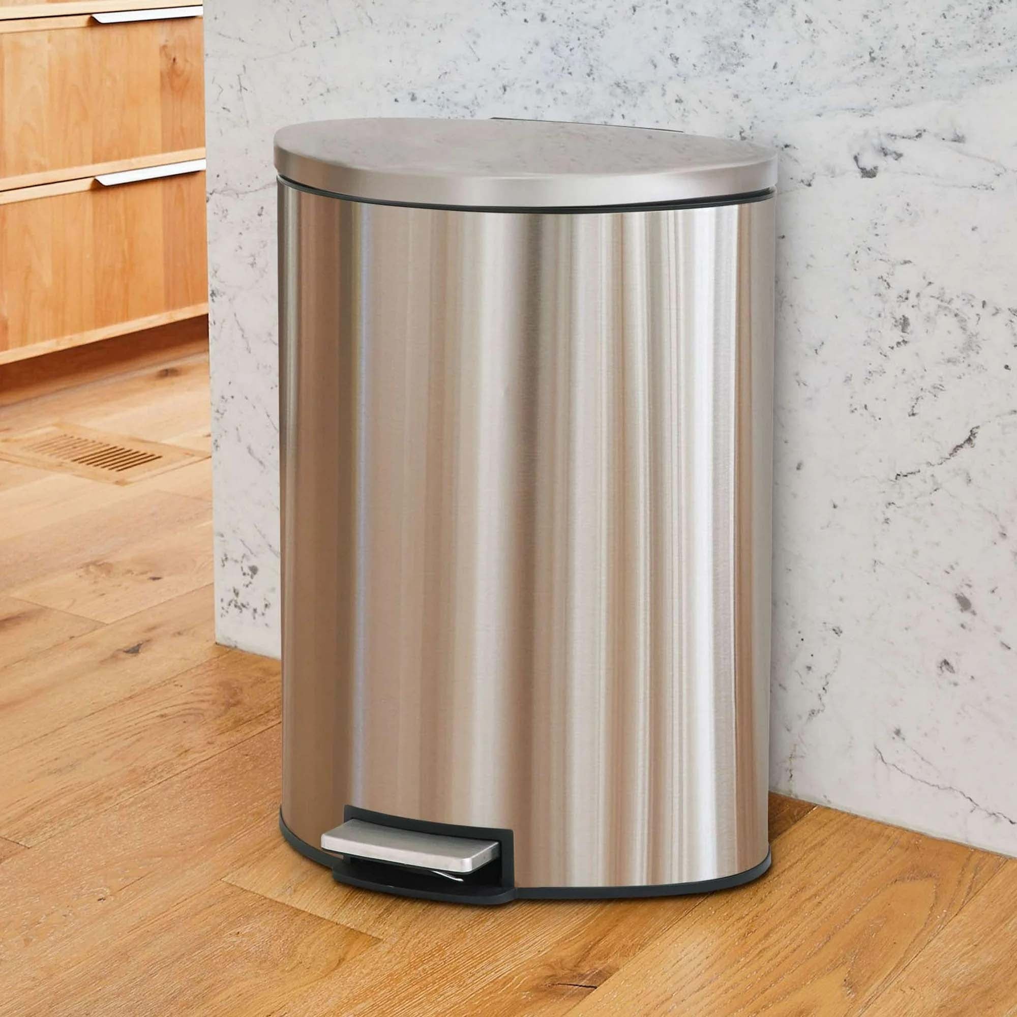  Kitchen Trash Can, 14.5 Gallon Stainless Steel Semi Round Step Garbage Bin with Soft Close Lid, Silver