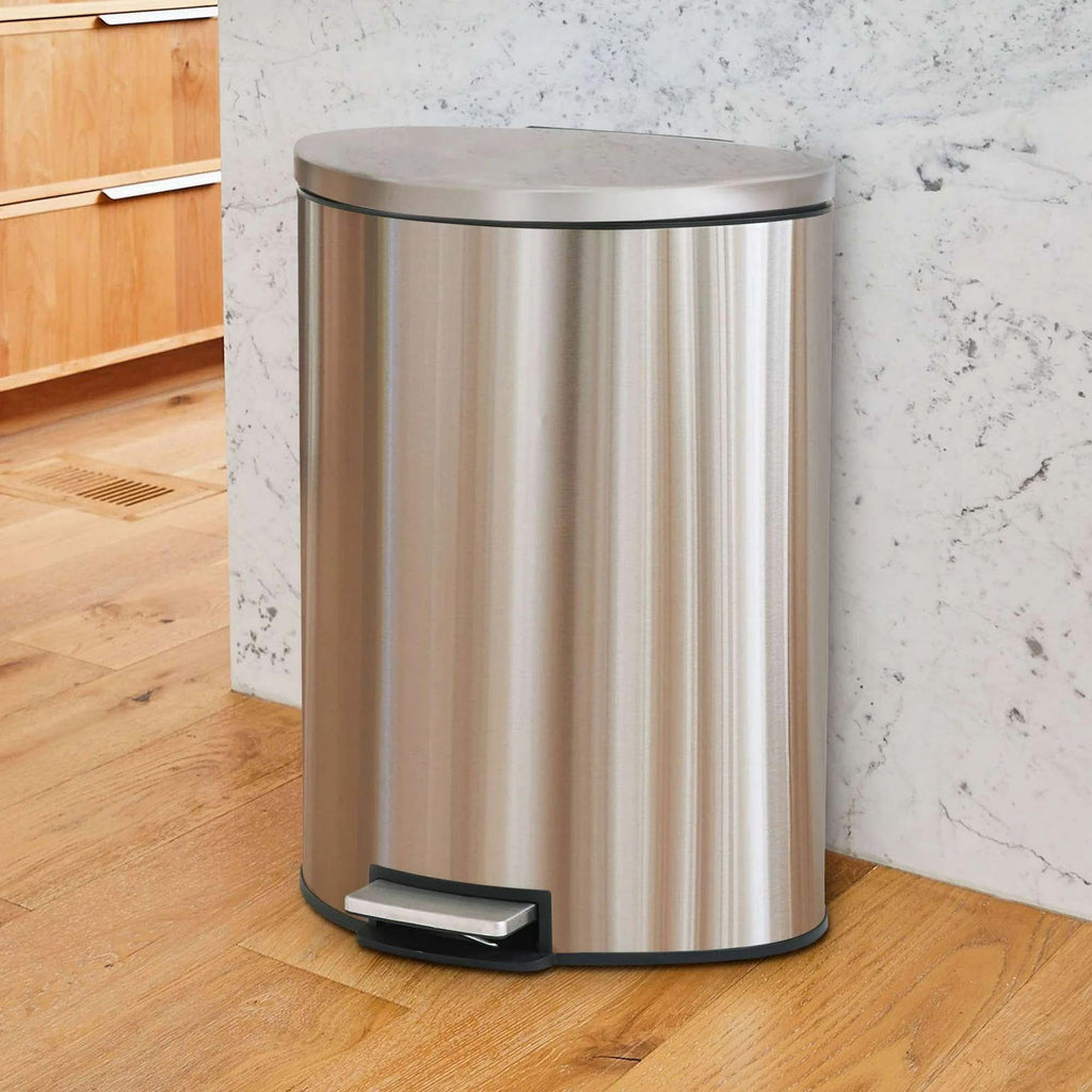  Kitchen Trash Can, 14.5 Gallon Stainless Steel Semi Round Step Garbage Bin with Soft Close Lid, Silver
