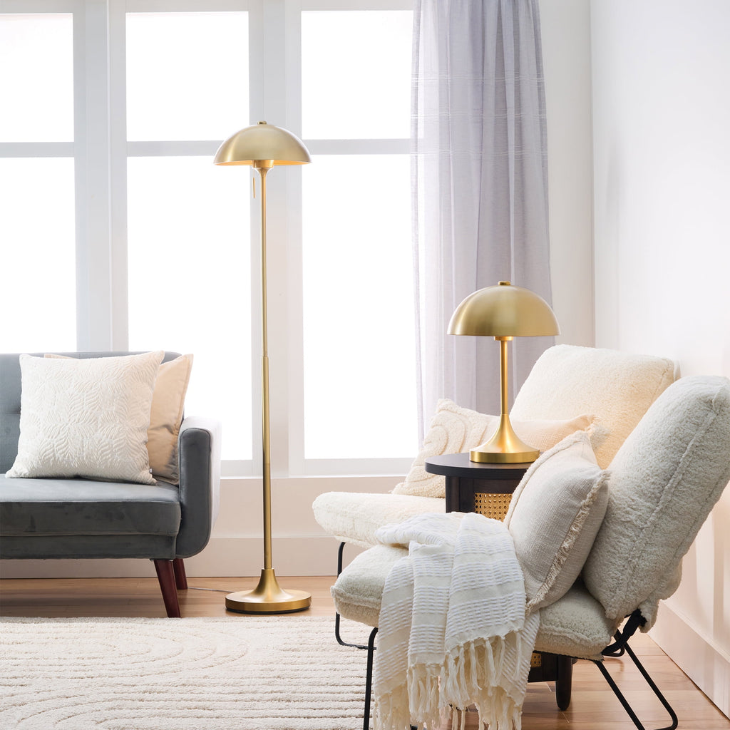  62" Modern Pull-chain Brass Floor Lamp with Brass Dome Shade