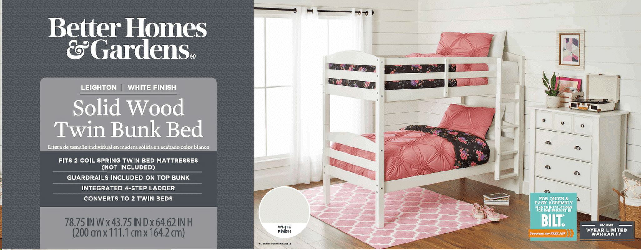  Leighton Solid Wood Twin-over-Twin Convertible Bunk Bed, Vanilla