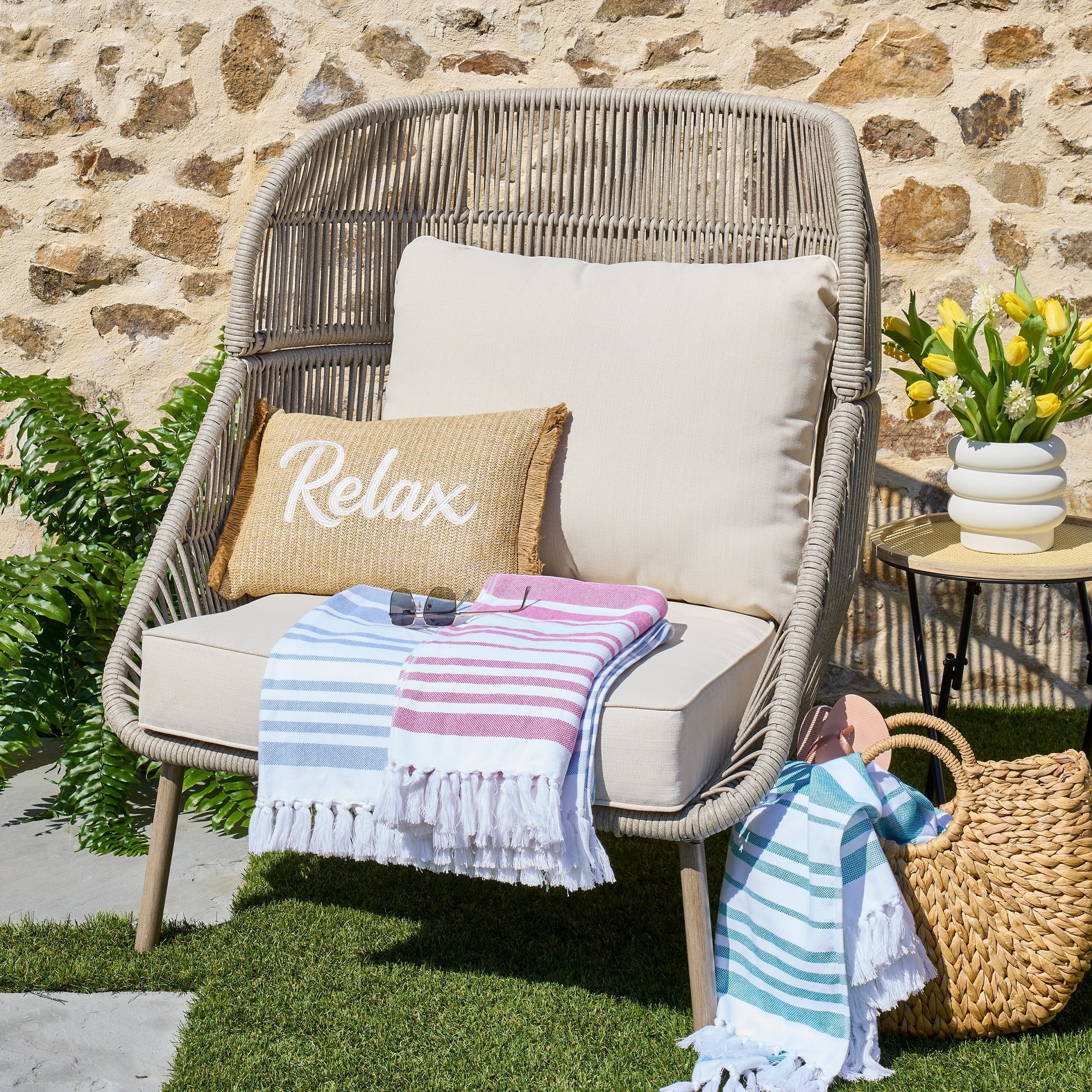  Tarren Beige Wicker Outdoor High-Back Accent Chair with Cushions