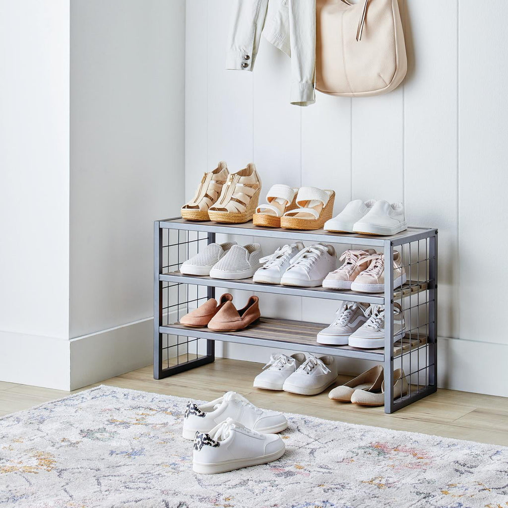  Decorative Gunmetal Grey Wood and Metal Shoe Rack