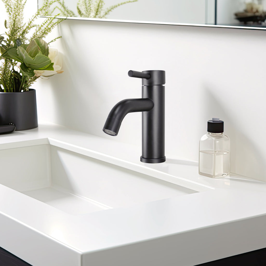 Elmont Single Handle Bathroom Sink Faucet, Matte Black, Includes Push Pop-Up Drain