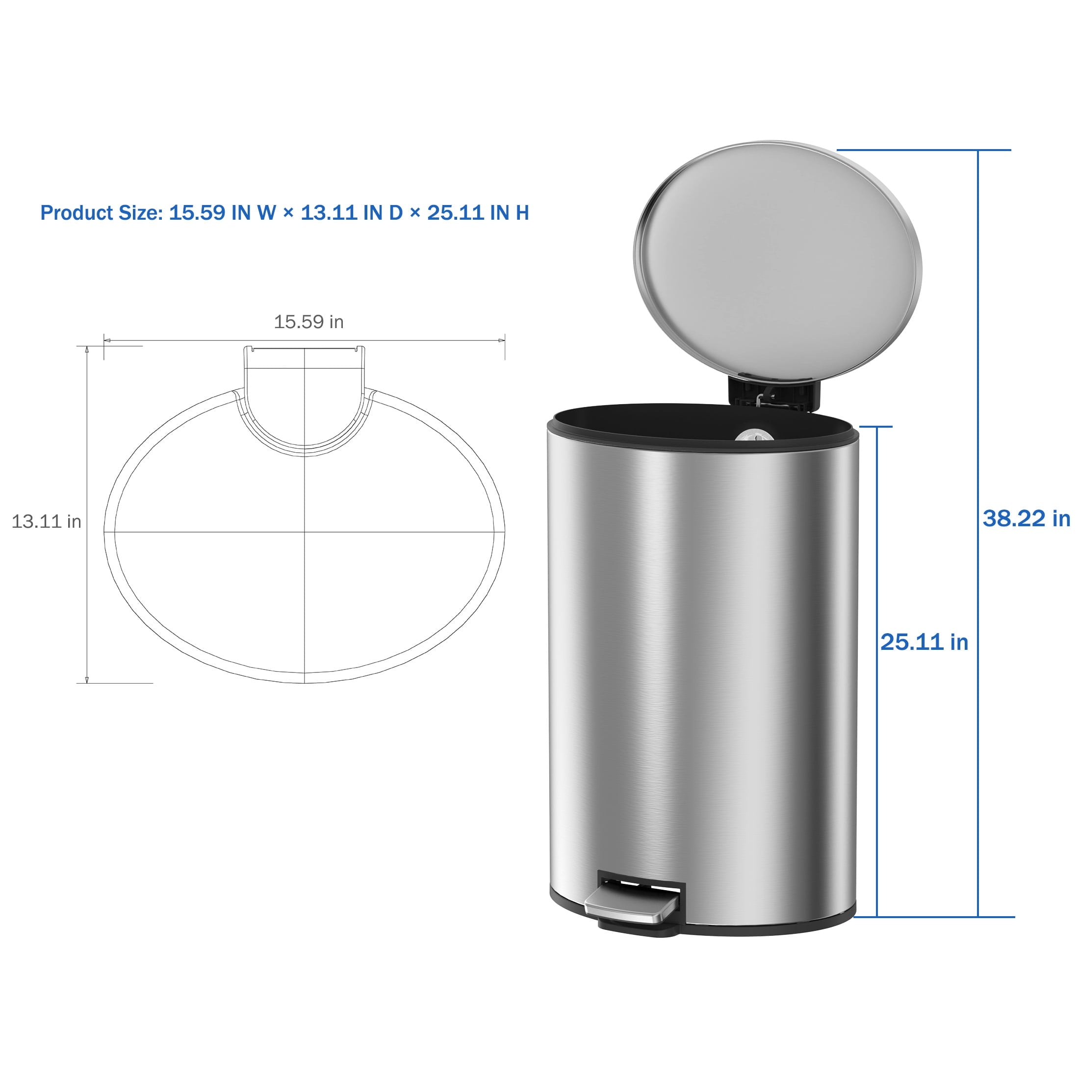  Kitchen Trash Can, 10.5 Gallon Stainless Steel Oval Step Garbage Bin with Soft Close Lid, Silver