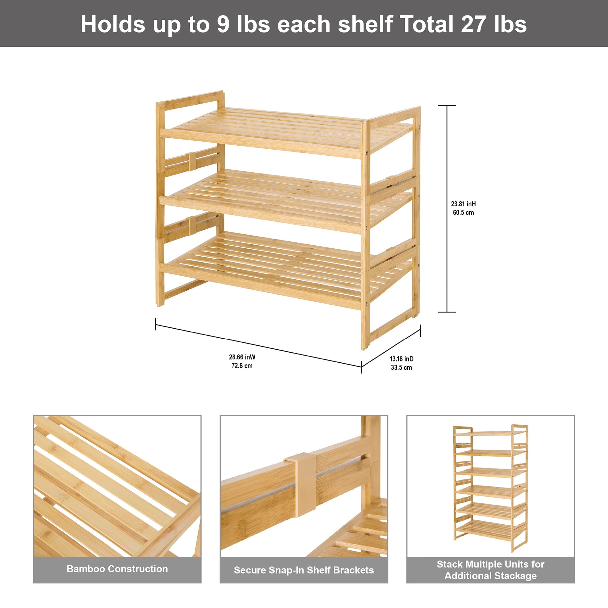  Bamboo 3-Tier Shoe Rack, Holds 9 Pairs