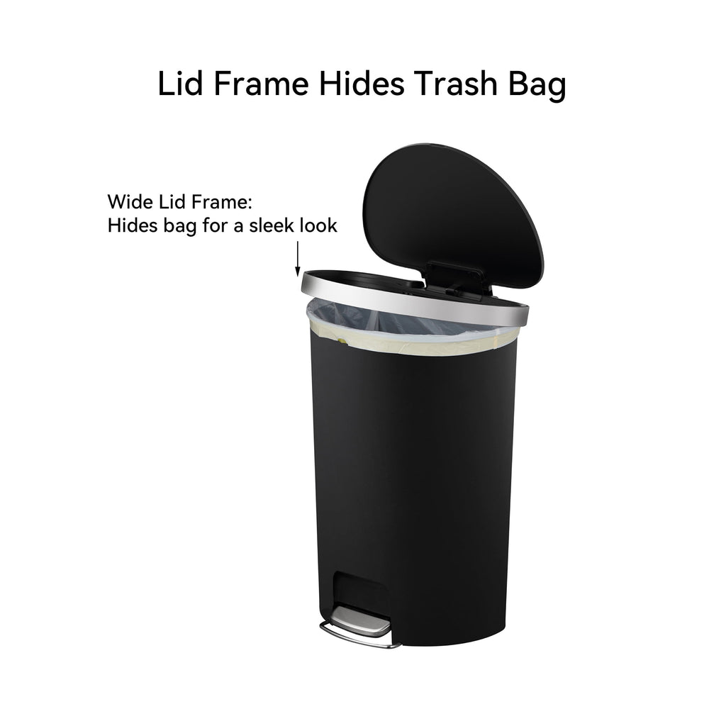  Large Kitchen Trash Can, 14.5 Gallon Plastic Semi Round Step Garbage Bin with Soft Close Lid, Black