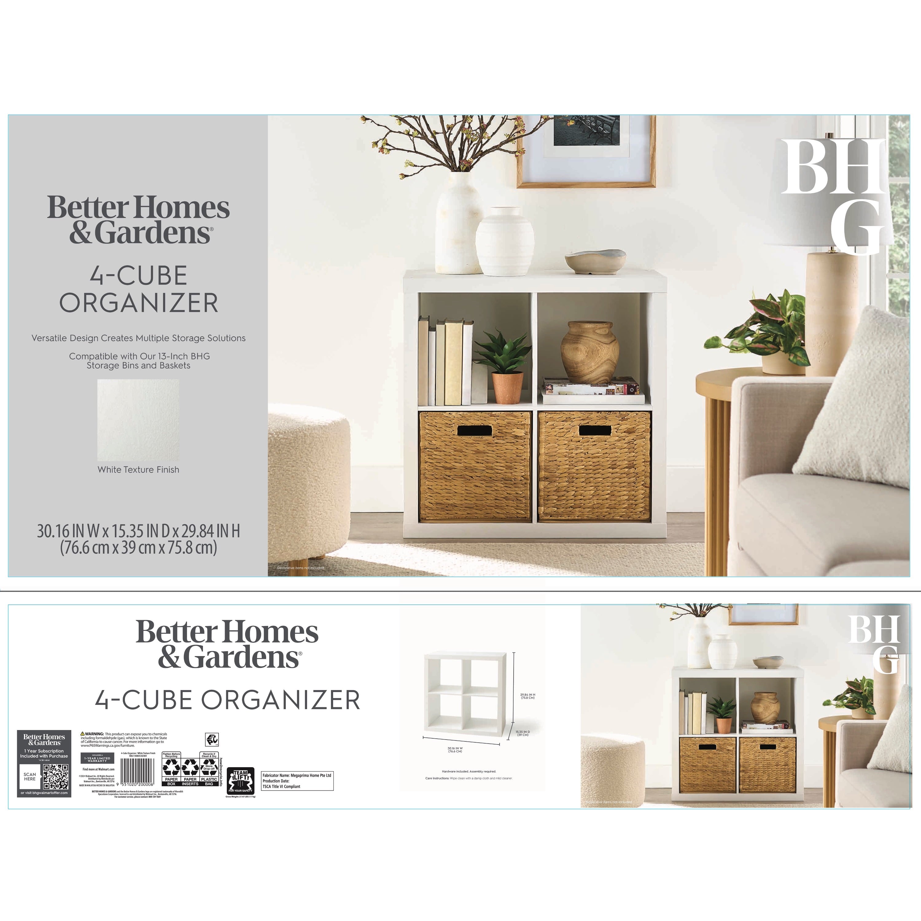  4 Cube Storage Organizer, White Texture