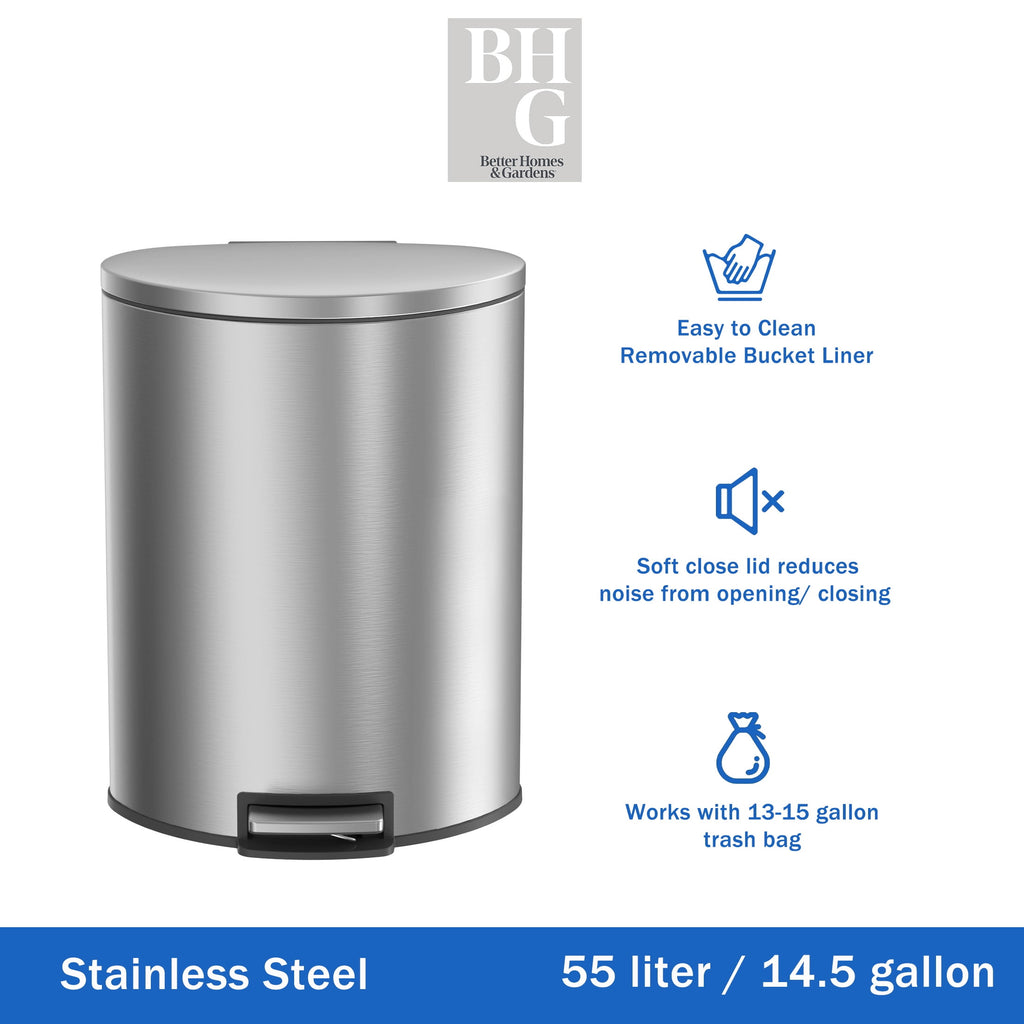  Kitchen Trash Can, 14.5 Gallon Stainless Steel Semi Round Step Garbage Bin with Soft Close Lid, Silver
