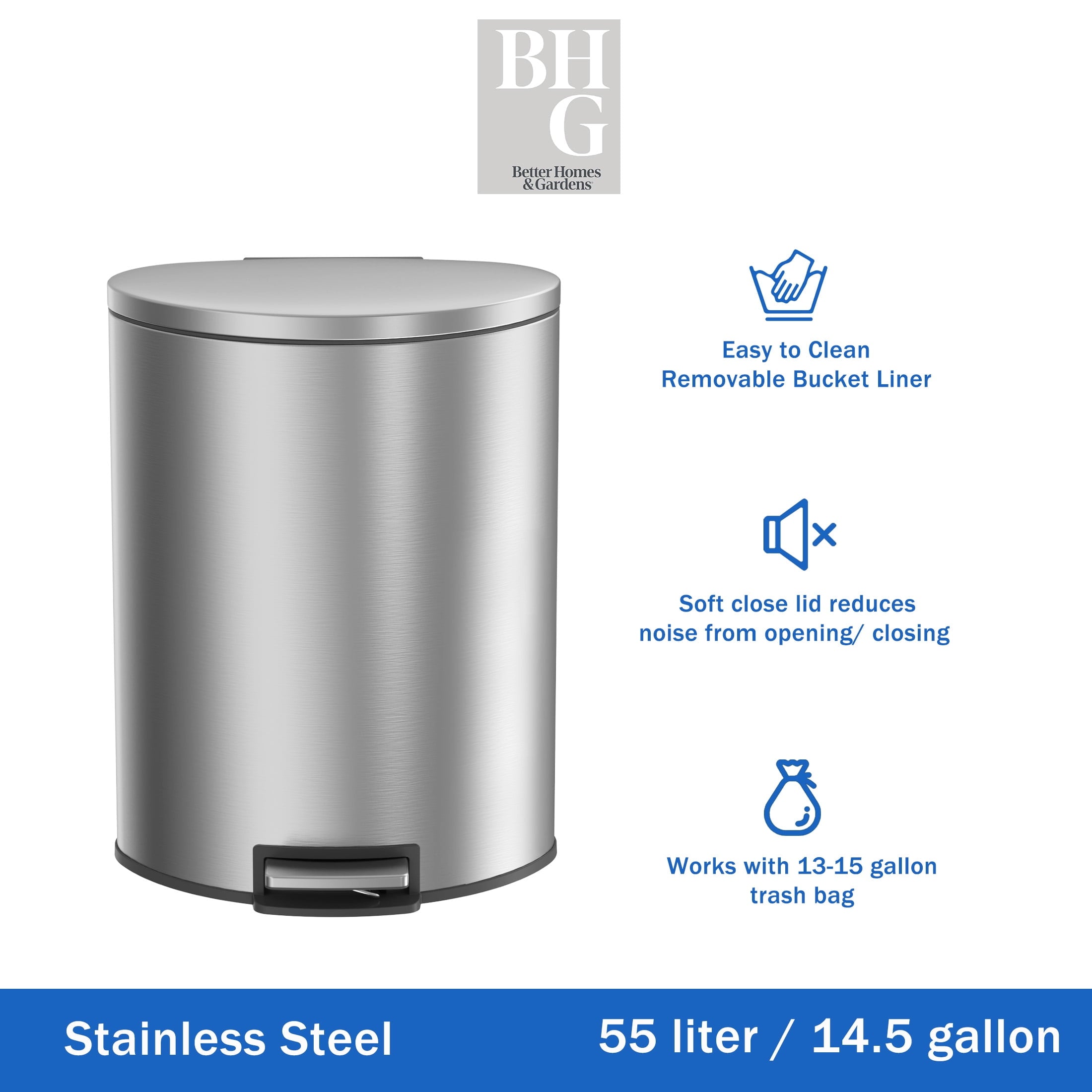  Kitchen Trash Can, 14.5 Gallon Stainless Steel Semi Round Step Garbage Bin with Soft Close Lid, Silver