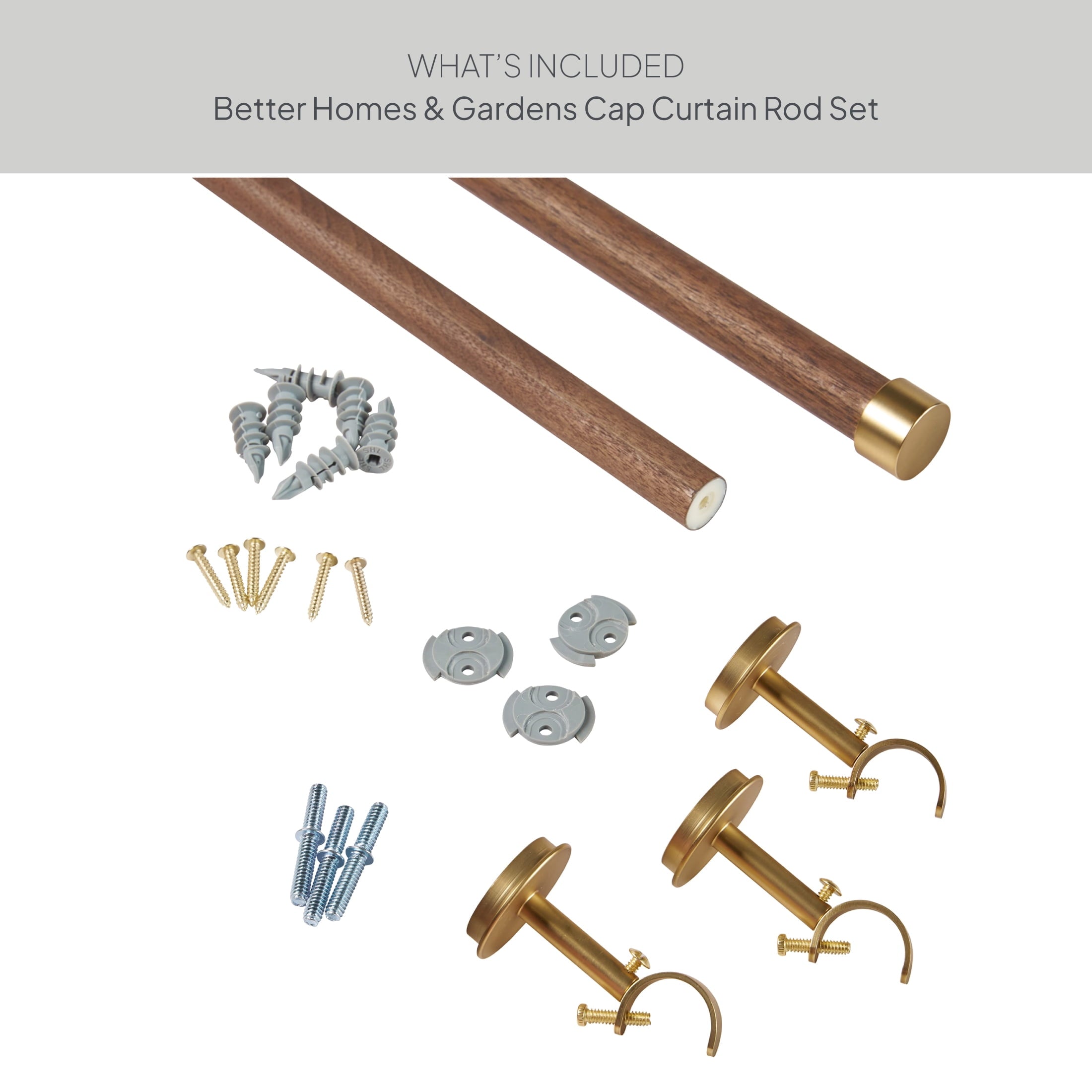  1� Walnut Wood and Brass Endcap Adjustable Single Curtain Rod, 32-120�
