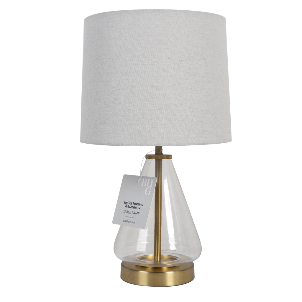  18" Clear Glass Table Lamp with Brass Metal Base and Beige Shade