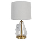  18" Clear Glass Table Lamp with Brass Metal Base and Beige Shade