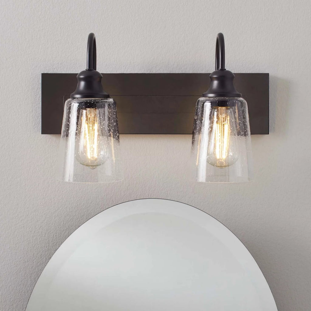  16" Farmhouse 2-Light Bronze Vanity Light, Metal Fixture Seeded Glass Shades