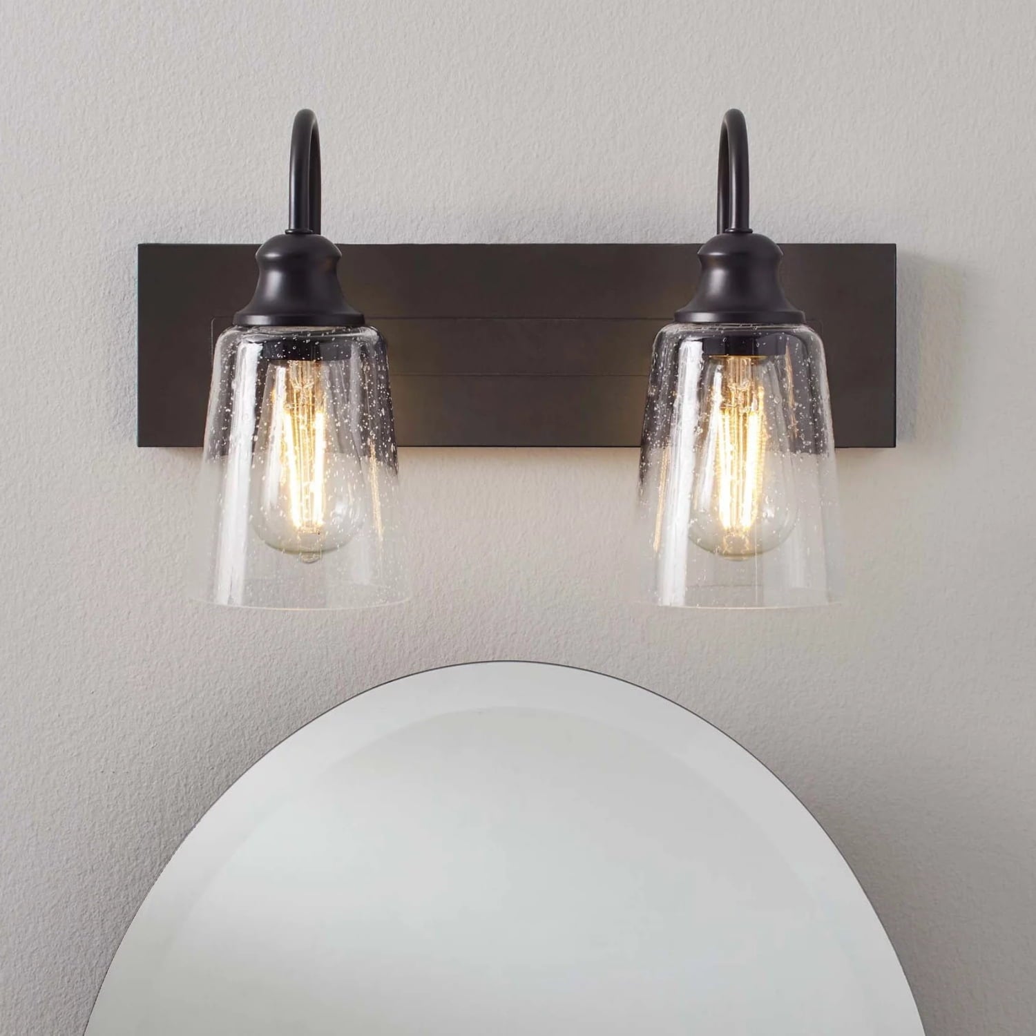  16" Farmhouse 2-Light Bronze Vanity Light, Metal Fixture Seeded Glass Shades