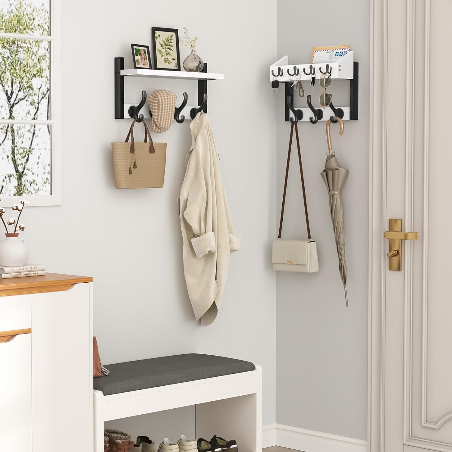 Burfoko 4-in-1 Wall Mounted Coat Rack with Shelf - 29" Entryway Organizer with 11 Hooks, Mail Holder & Key Hanger, Space-Saving for Hallway/Bedroom, White