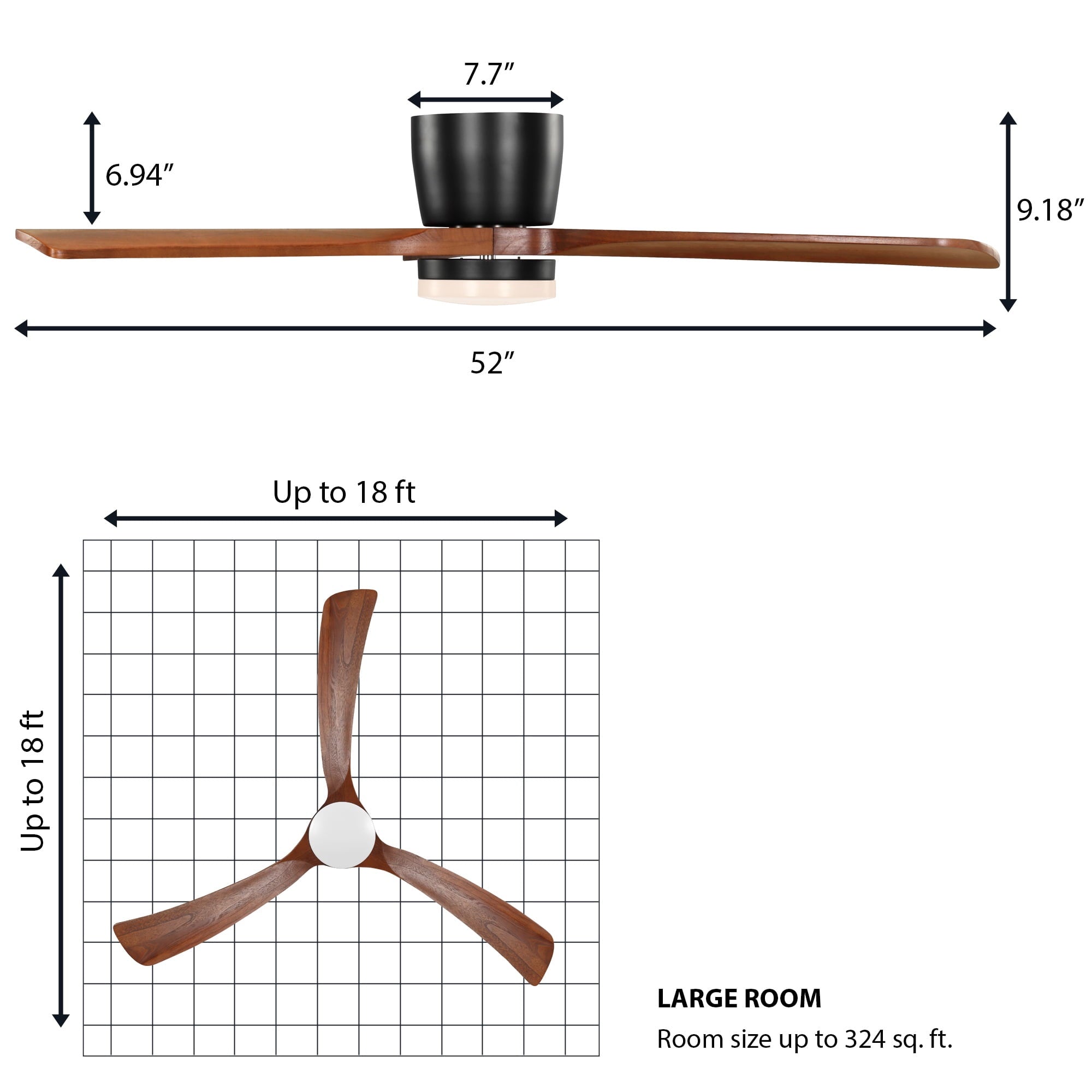  52" Hayden Matte Black Indoor/Outdoor Hugger Ceiling Fan with Light Kit and Remote Control