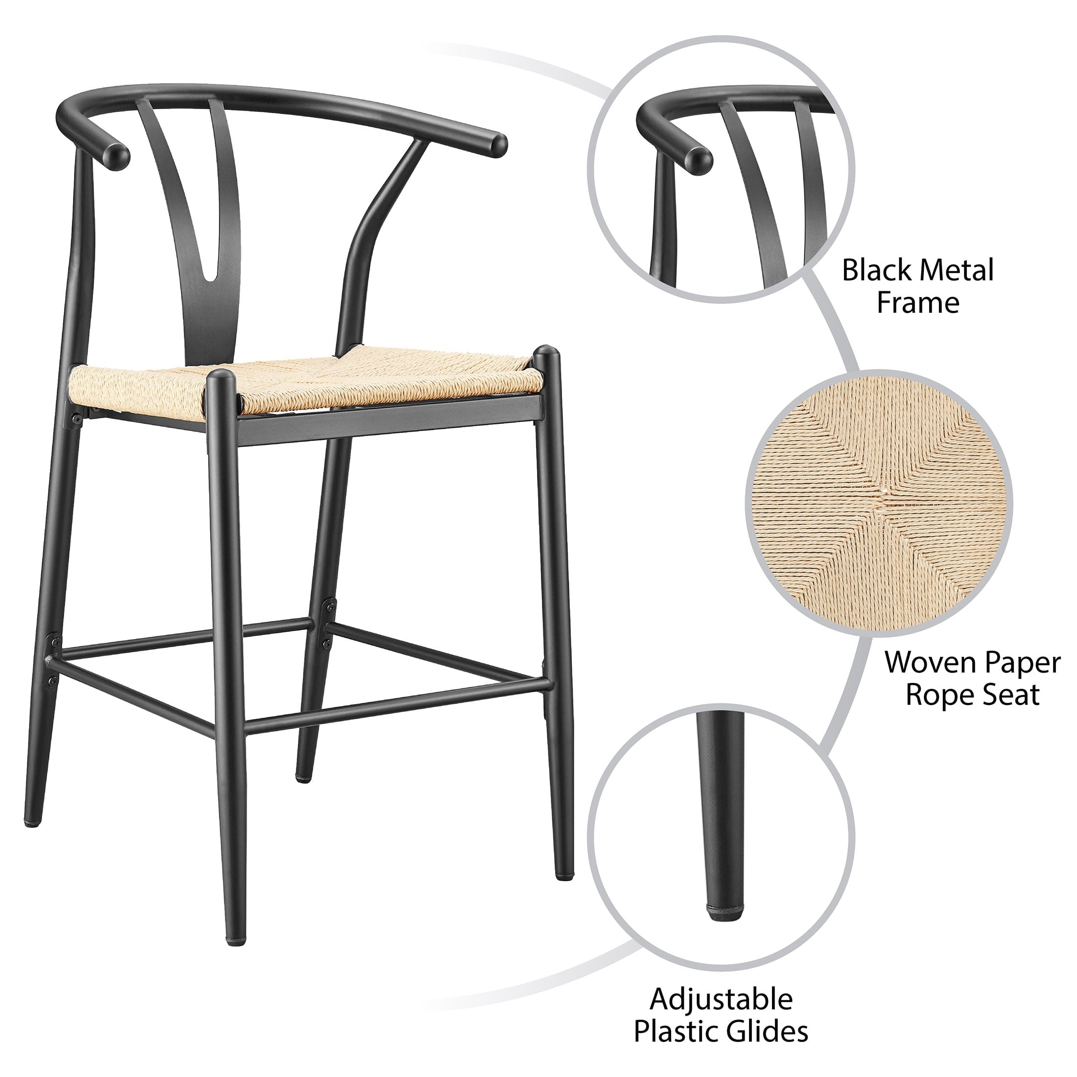  Springwood Wishbone Metal Counter Bar Stool, 2 Pack, Black Color for Indoor