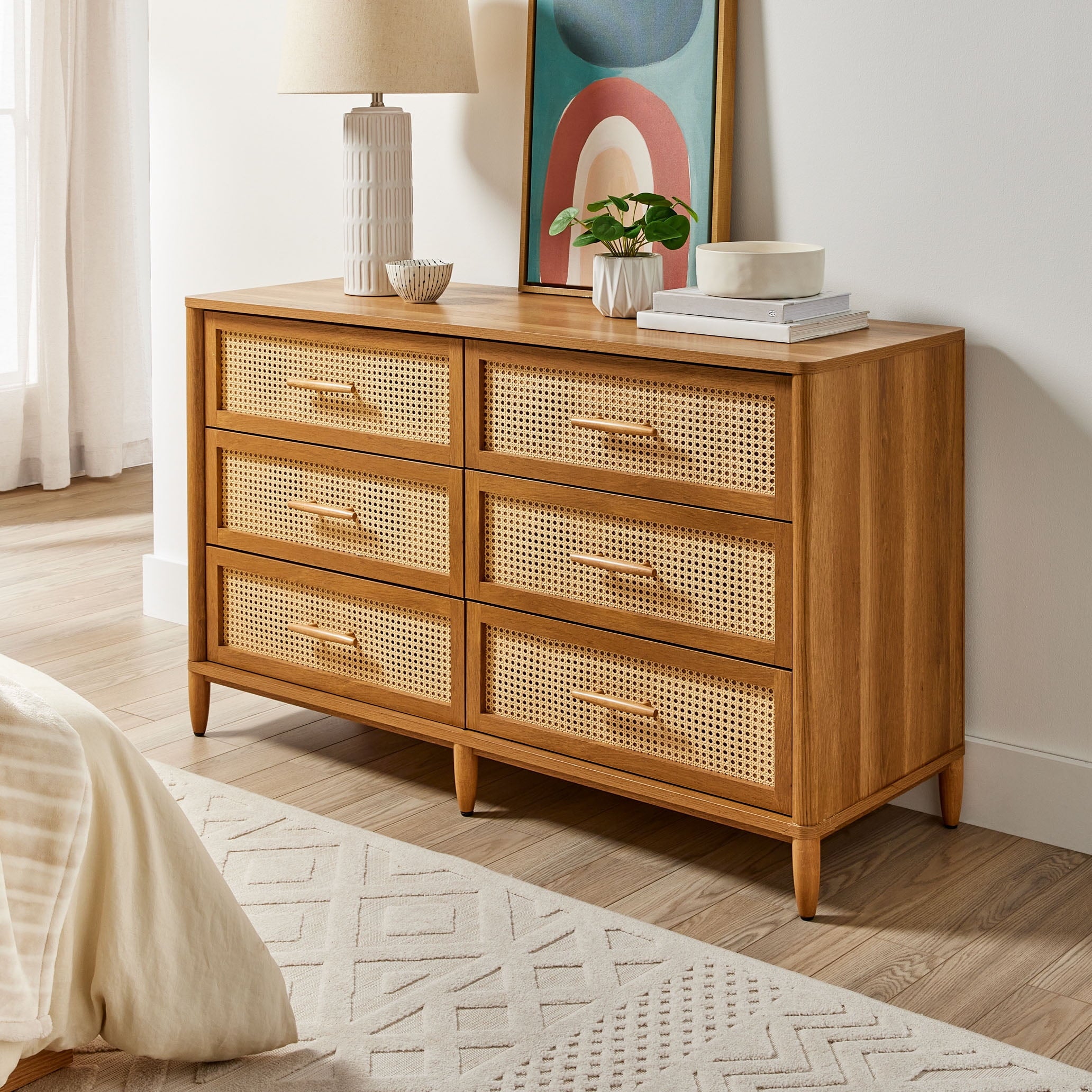  Springwood Caning 6-Drawer Dresser, Light Honey Finish