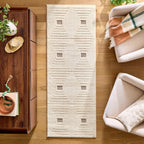  Tan/White Linear Square Geo High-Low Indoor Rug Runner, 2.5' x 7'