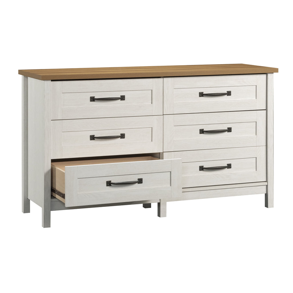  Modern Farmhouse 56.85" Wide 6 Drawer Dresser, Alabaster and Light Honey Finish