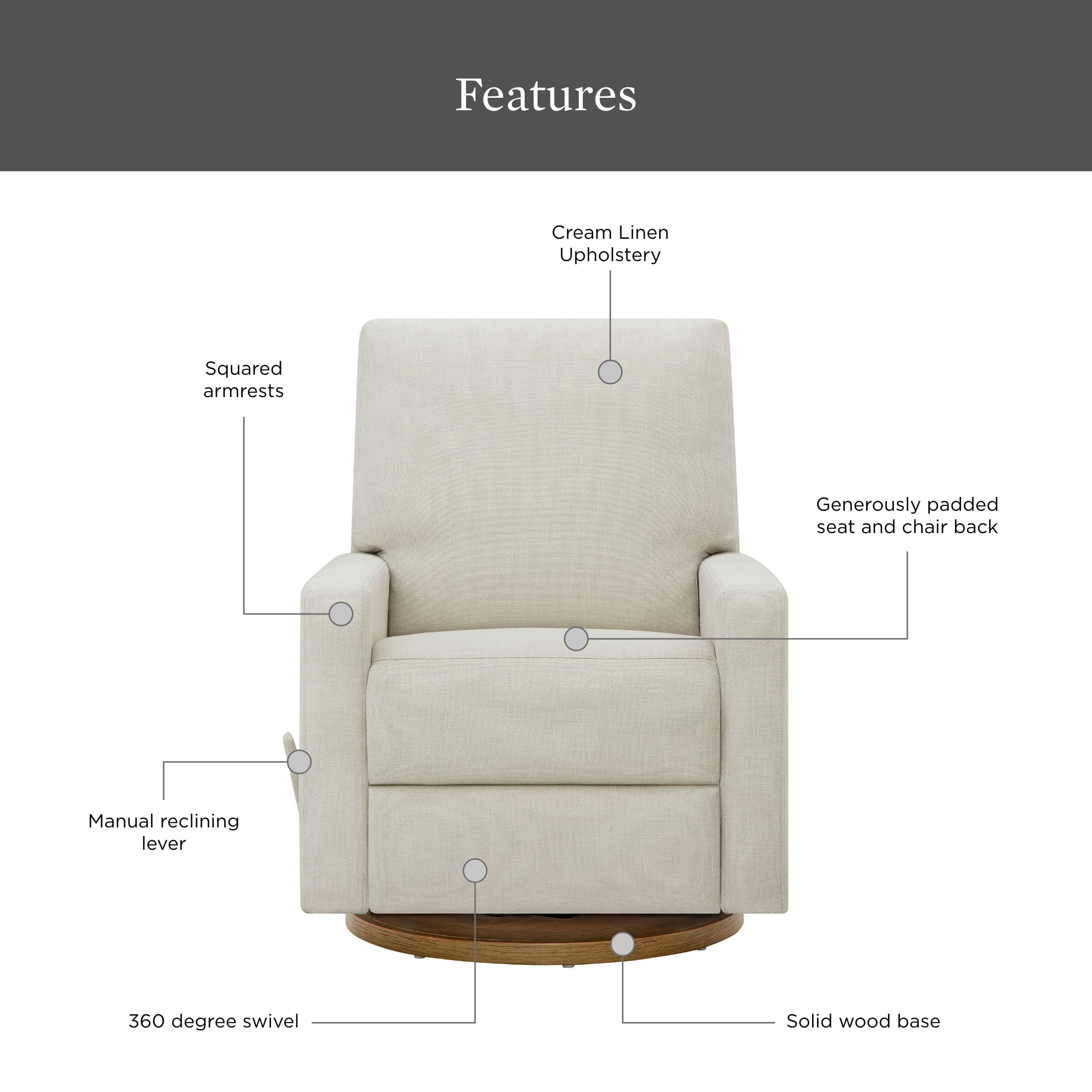  Modern Farmhouse Swivel Glider Recliner, Cream Linen