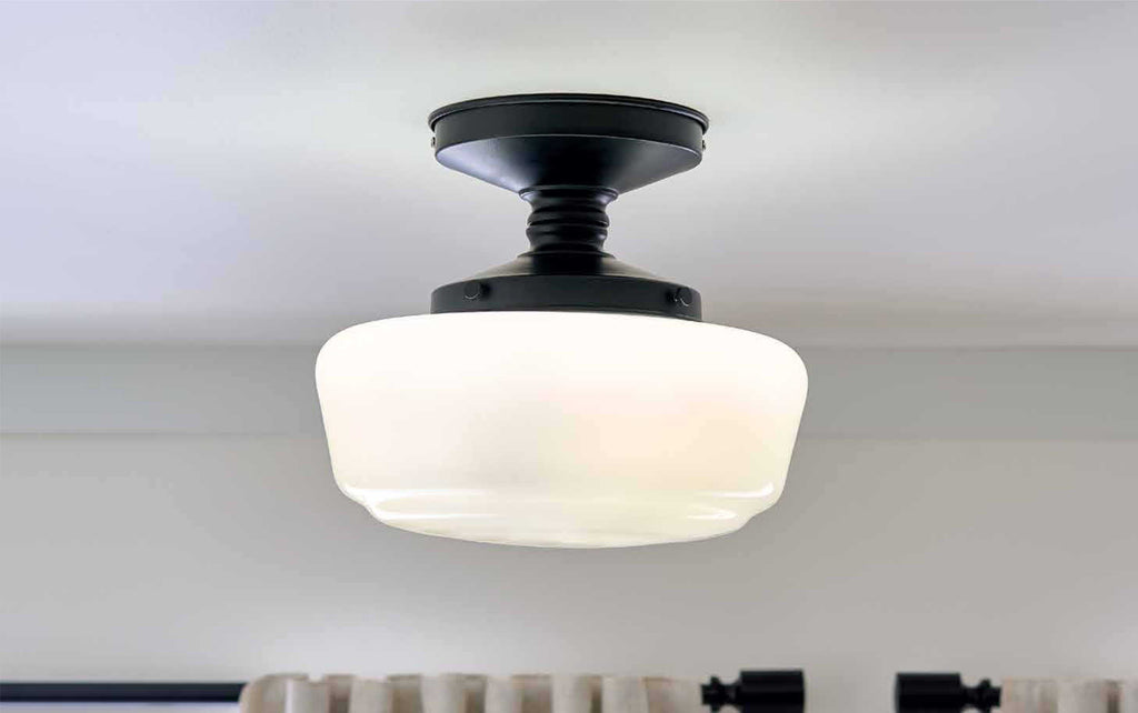  12in Black Metal and Milk Glass Semi Flush Light, Bulb Not Included