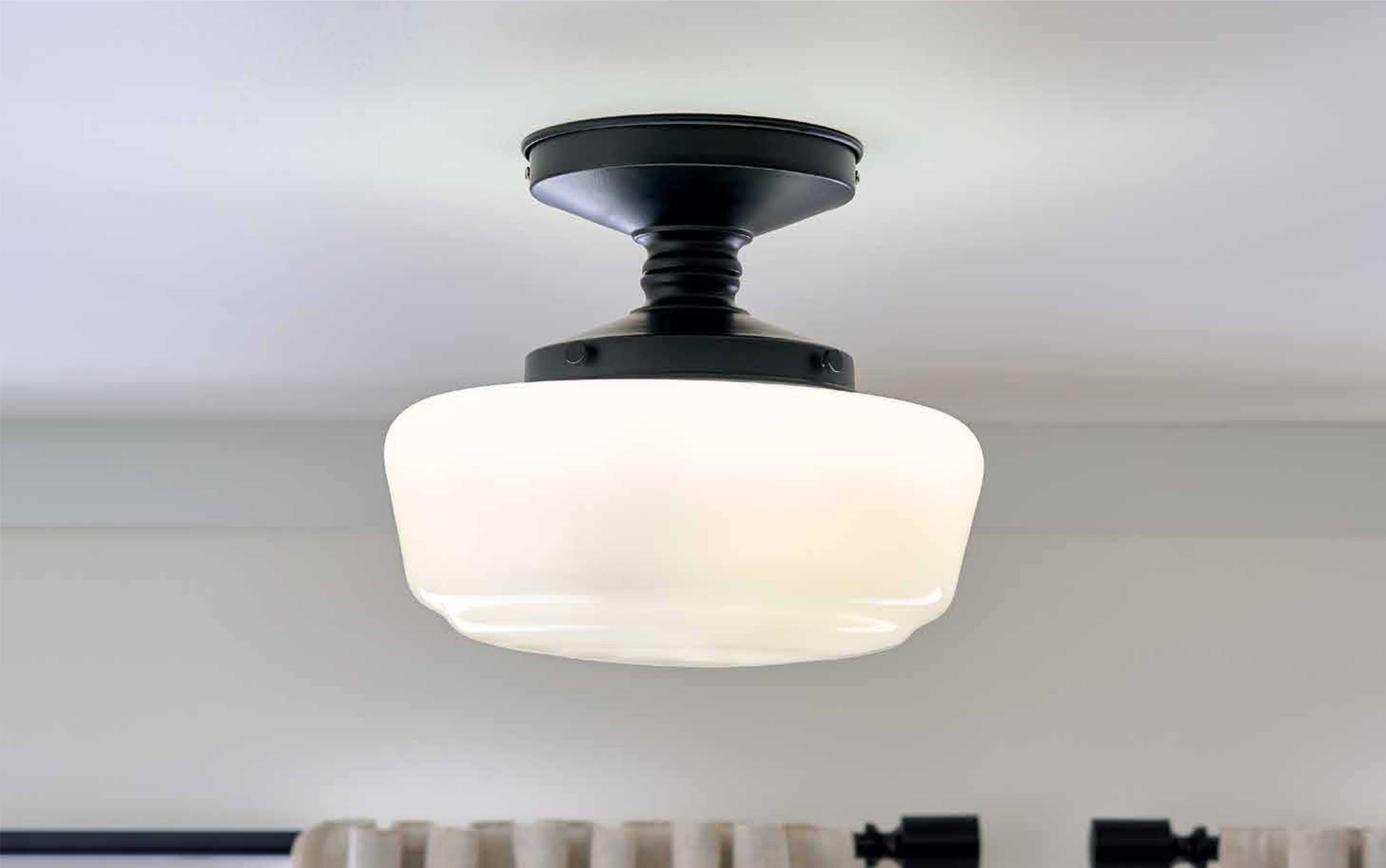  12in Black Metal and Milk Glass Semi Flush Light, Bulb Not Included