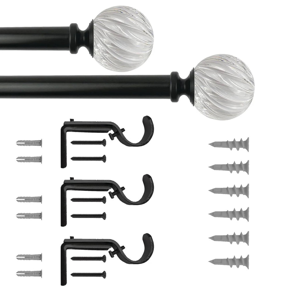  1" Matte Black and Clear Twisted Sphere Adjustable Single Curtain Rod, 32-120"