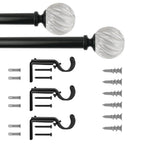  1" Matte Black and Clear Twisted Sphere Adjustable Single Curtain Rod, 32-120"
