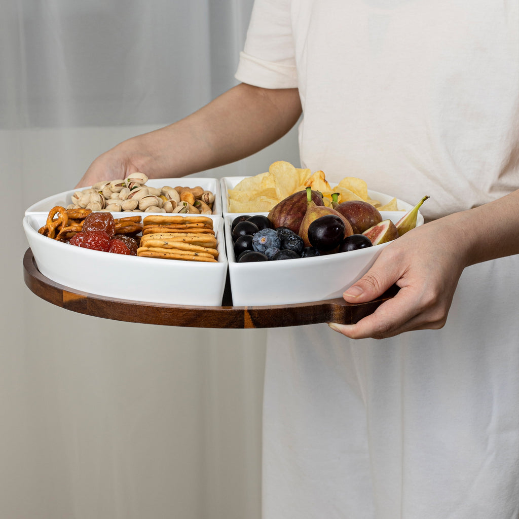  Acacia and Stoneware 5pc Lazy Susan Set, 15.35INW x 14.17IND x 2.8INH