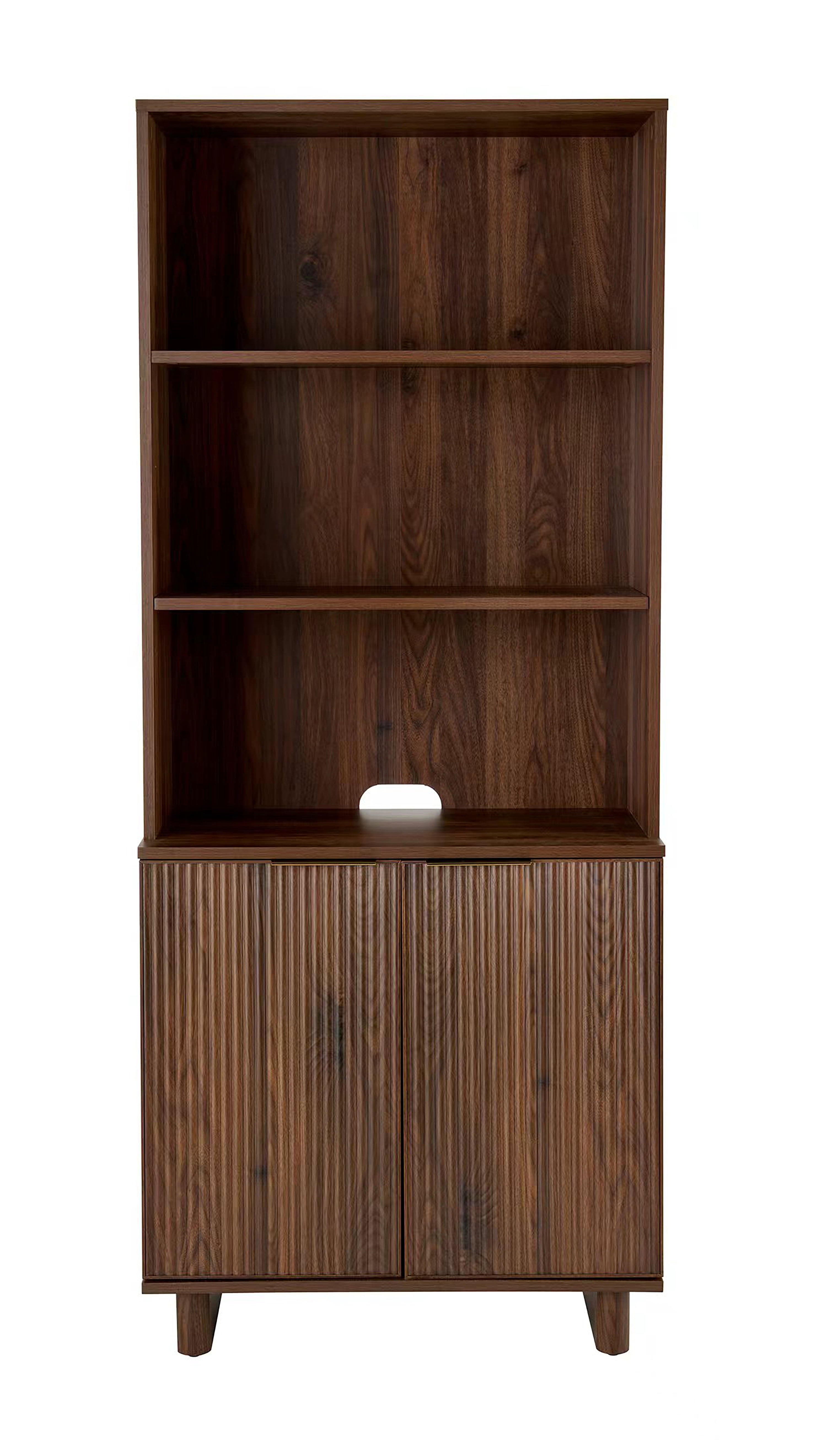  Lillian Fluted Bookcase with Doors, Walnut Finish