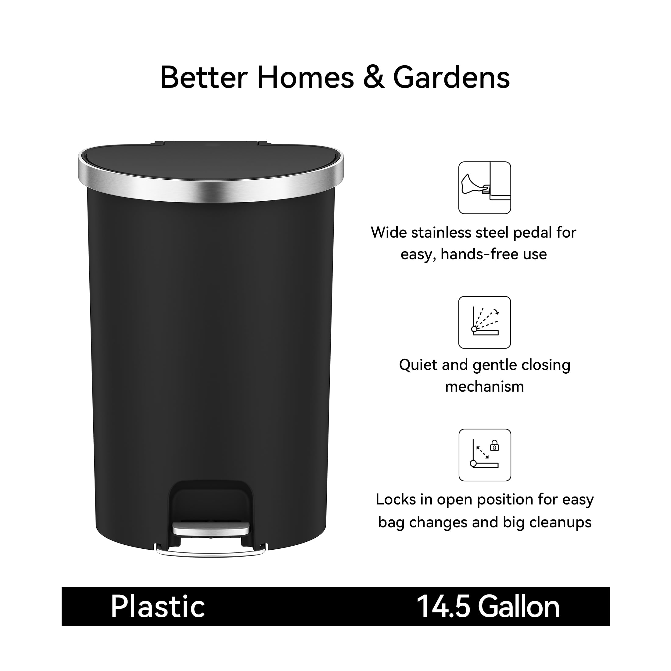  Large Kitchen Trash Can, 14.5 Gallon Plastic Semi Round Step Garbage Bin with Soft Close Lid, Black
